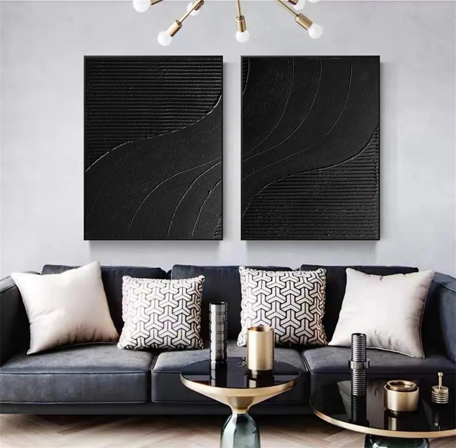 Black Minimalist Textured Paintings Canvas Set of 2 #MZ102
