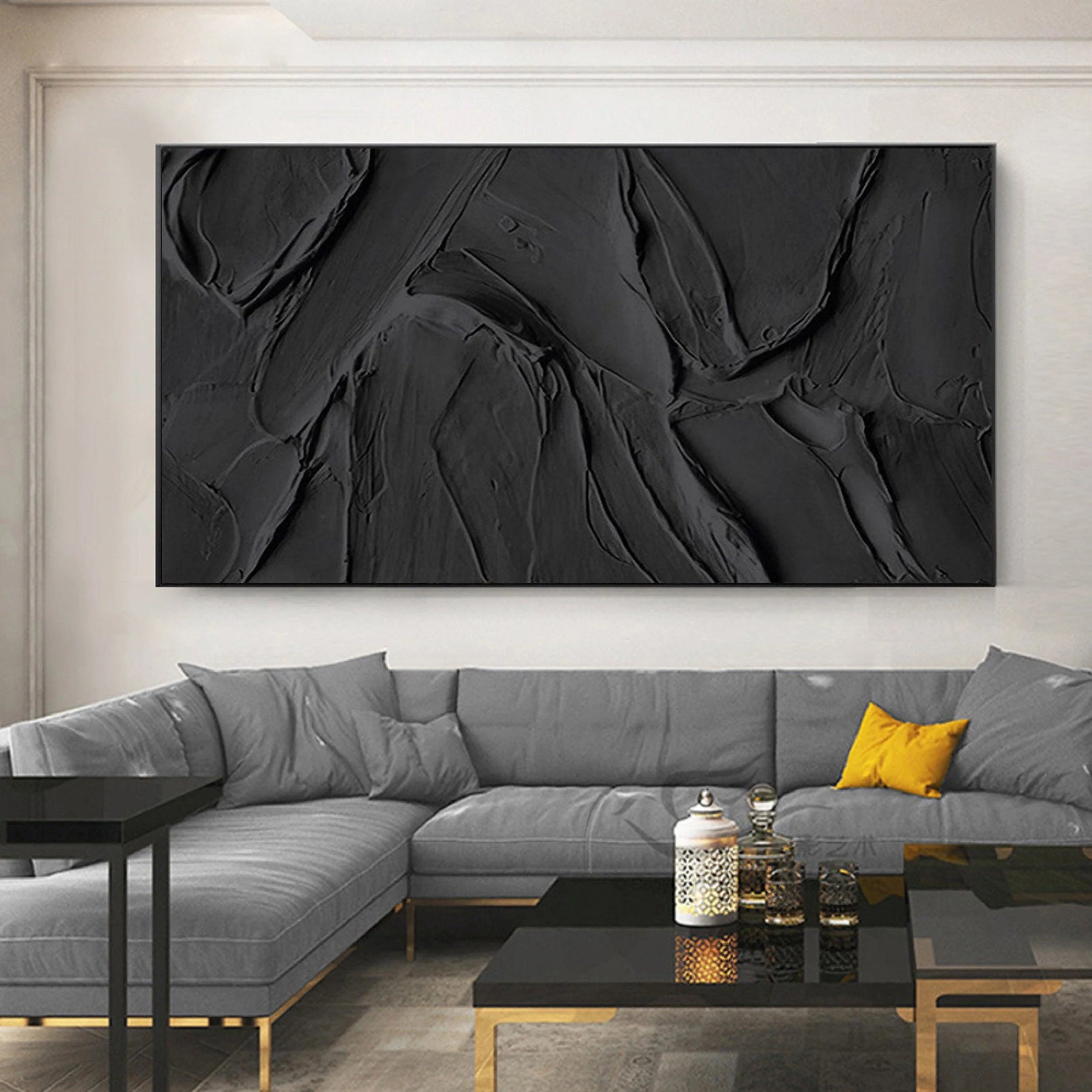 Black 3D Textured Plaster Minimalist Painting on Canvas, Handmade Wall Art