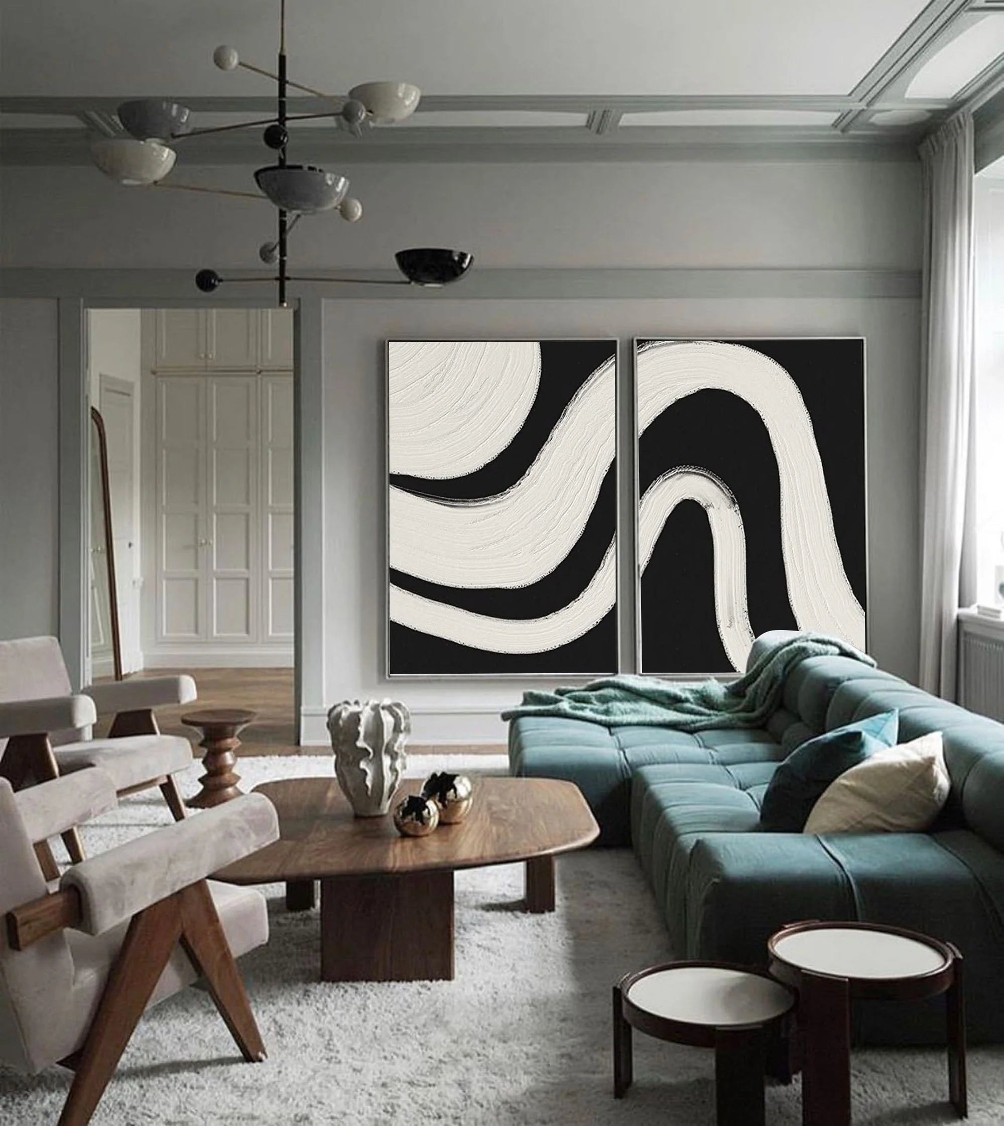 Geometrical Curved Wabi Sabi Abstract Painting Black White Artwork Set of 2