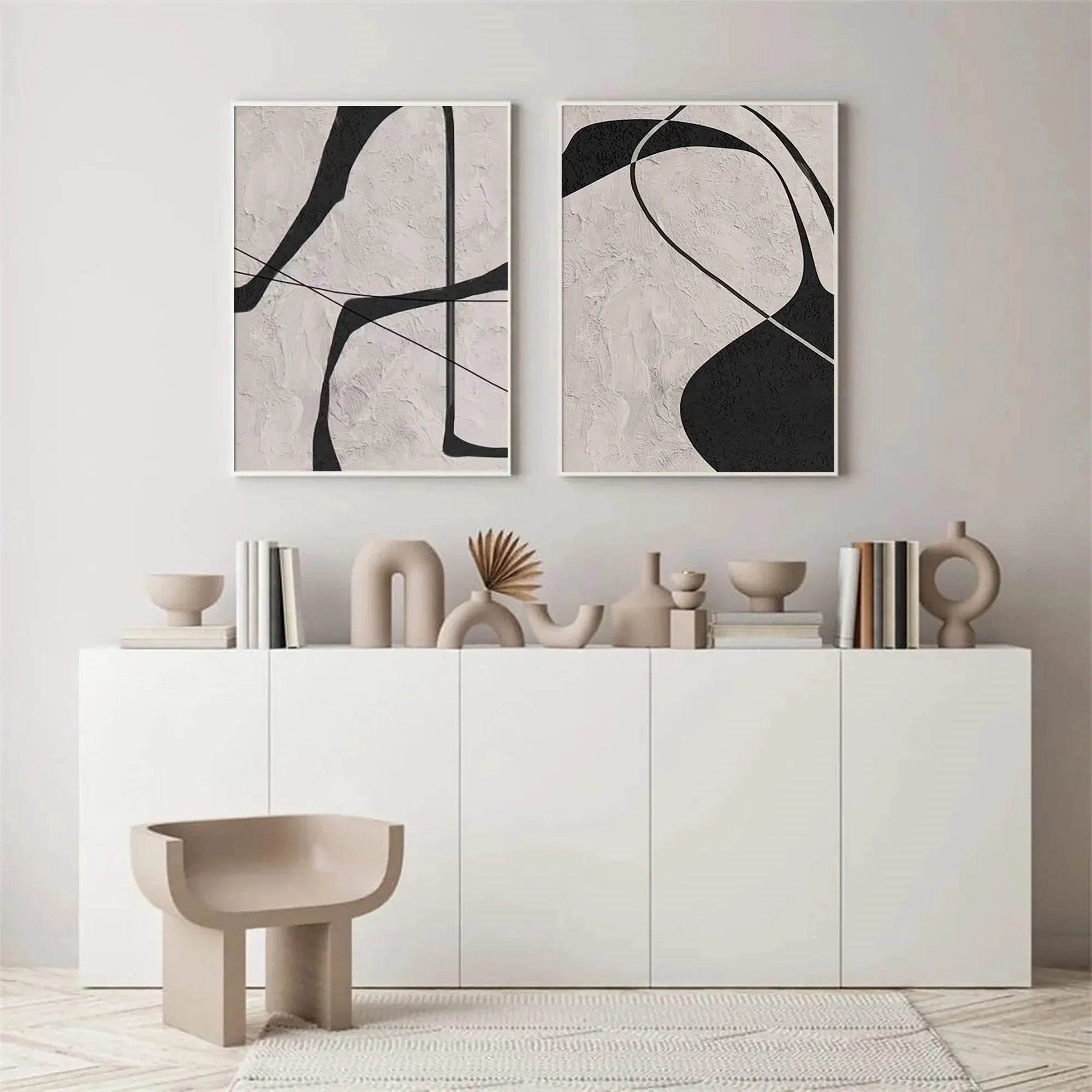 Beige & Schwarz Abstraktes Strukturgemälde 2er Set #WS110