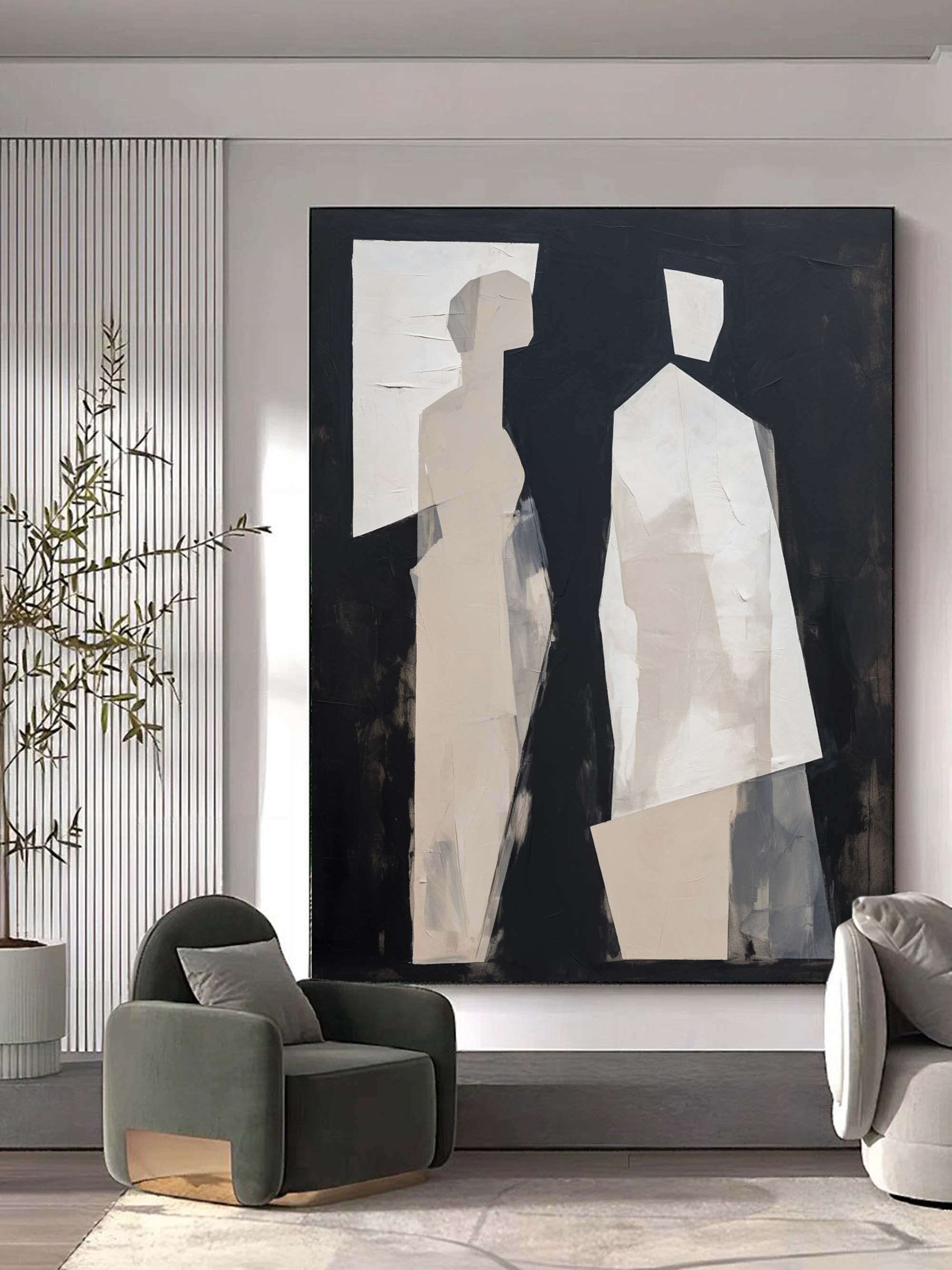 Black and Beige Abstract Canvas Art Black and Beige Oil Painting Black and Beige Abstract Texture Art Contemporary Minimalism Wall Art Decor