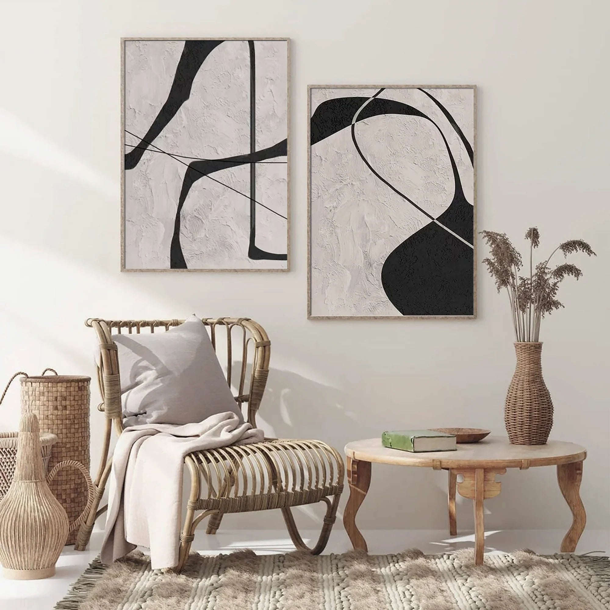 Beige & Schwarz Abstraktes Strukturgemälde 2er Set #WS110