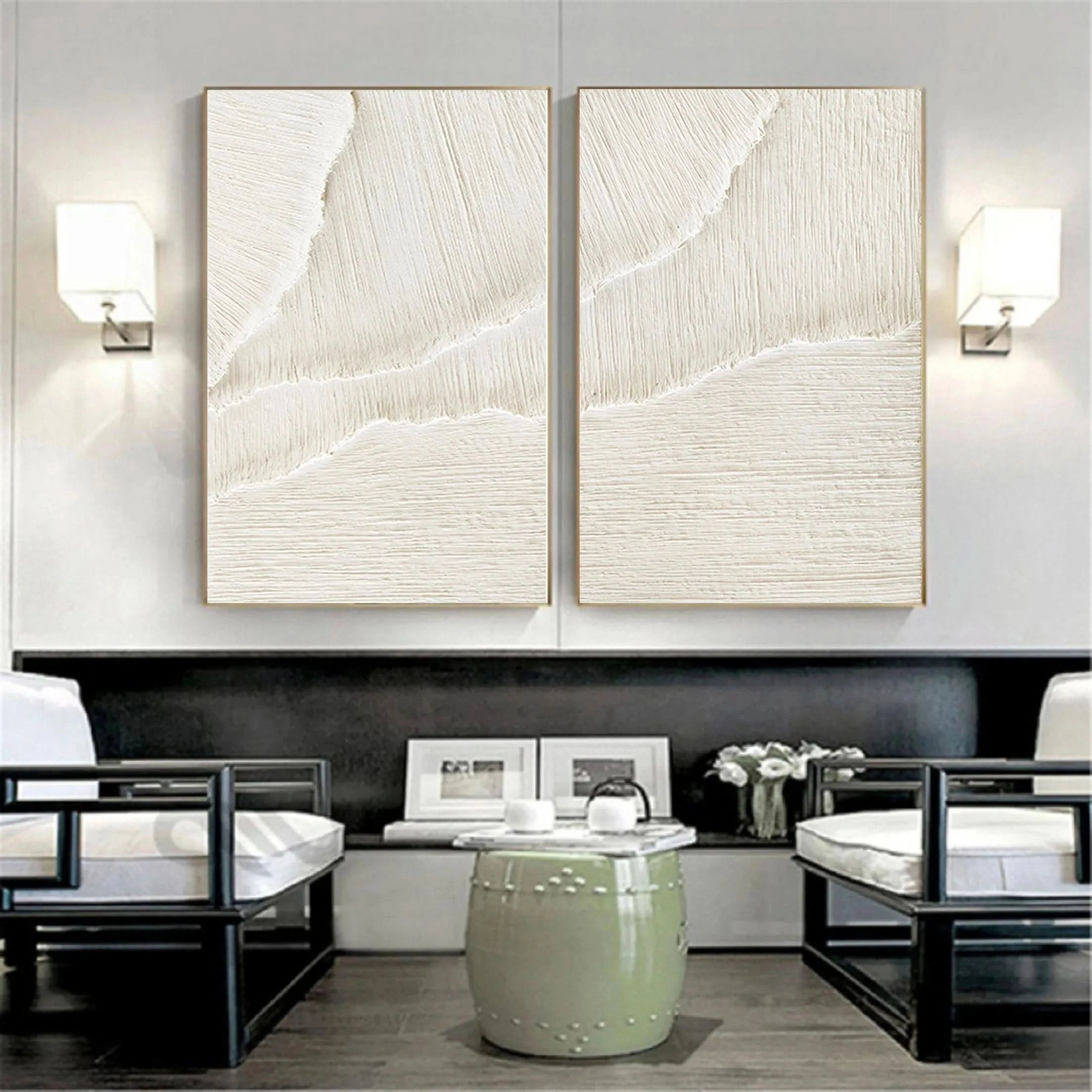 Set of 2 Minimalistic White Plaster Large Painting for Home Decor