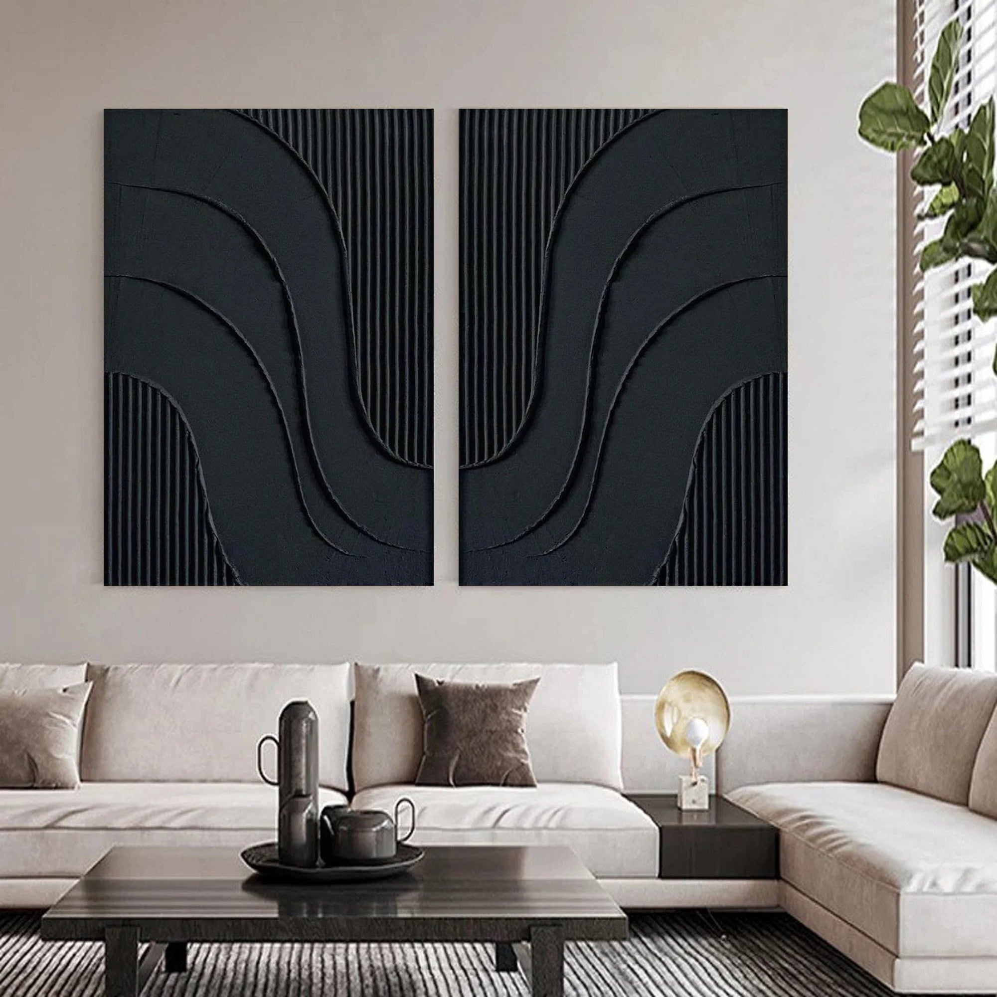 Set of 2 Black Minimalist Textured Original Painting, Large Modern Abstract Wall Decor