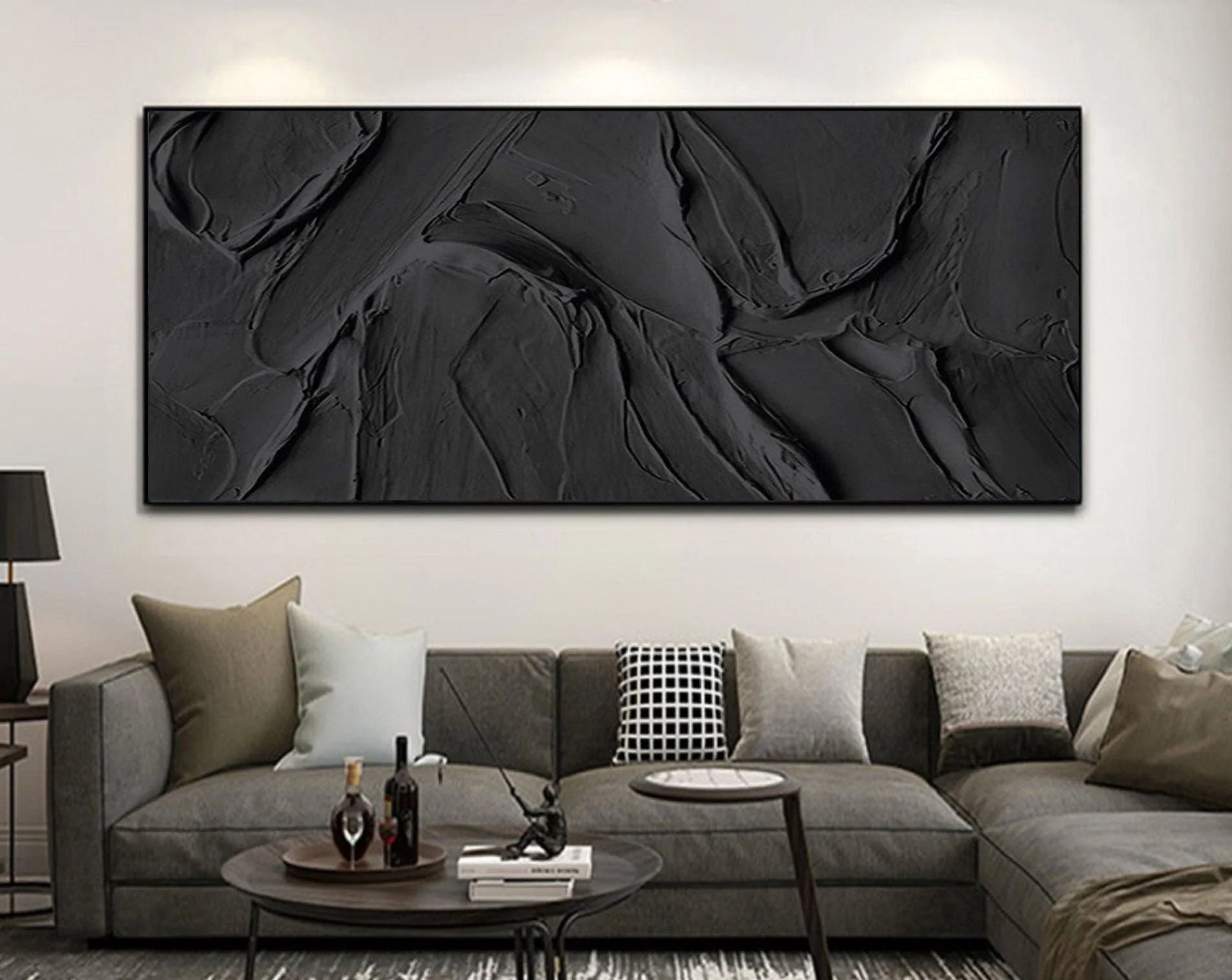 Black 3D Textured Plaster Minimalist Painting on Canvas, Handmade Wall Art