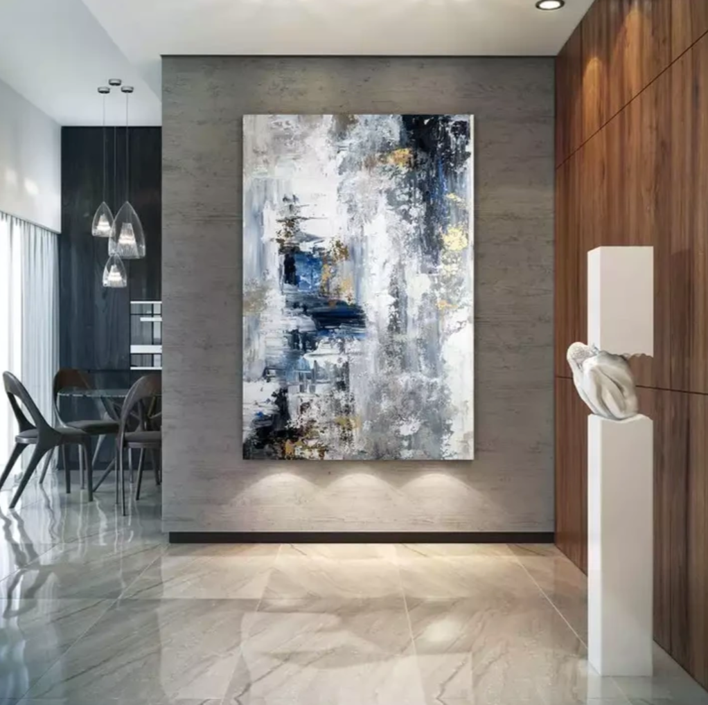 Urban Tranquility – Luxury Hand-Painted Abstract Canvas Art in Blue, Gray & Gold