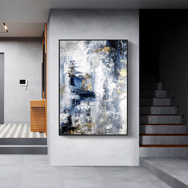 Urban Tranquility – Luxury Hand-Painted Abstract Canvas Art in Blue, Gray & Gold
