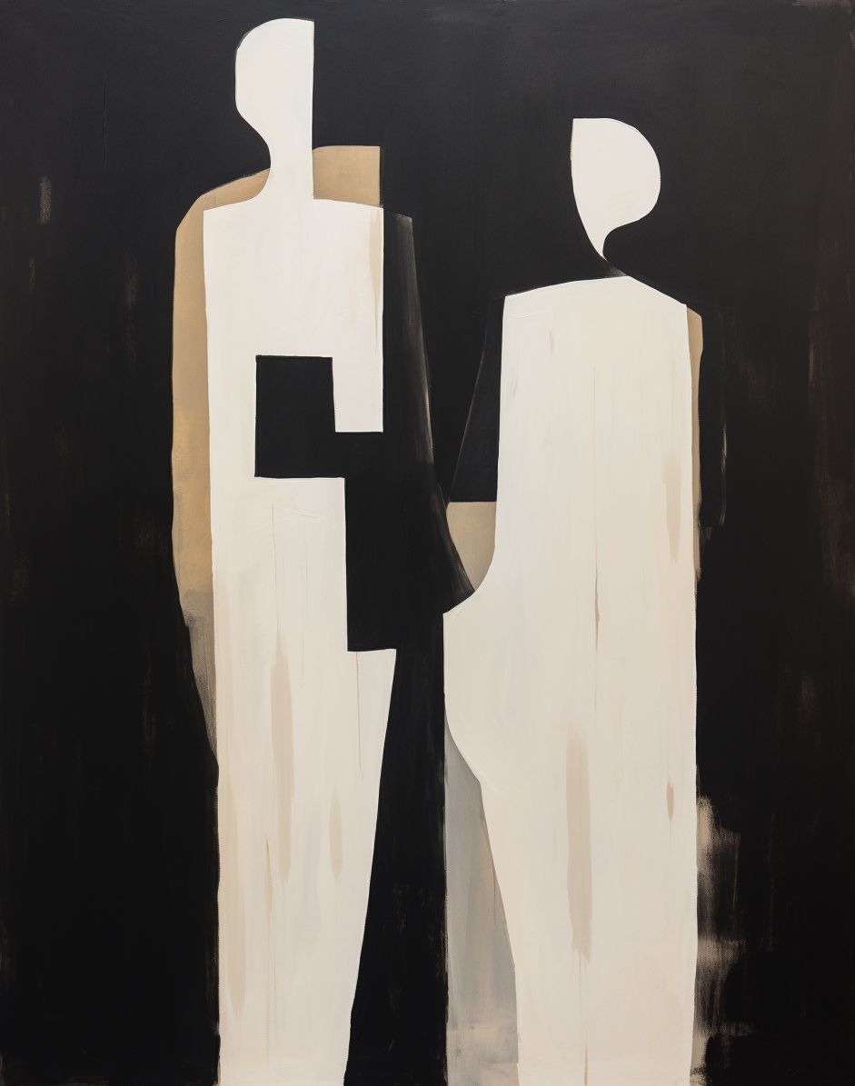 Black and Beige 2 People Abstract Art Canvas Black and Beige Minimalist Abstract Figure Painting Abstract People Minimalist Wall Art Decor
