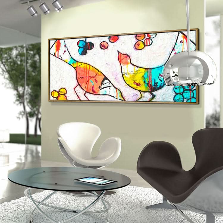 Vögel Handgemachtes Ölgemälde Hängende Wandkunst Große Leinwand Kunst Wohndekor Wandkunst Grünes Gemälde Original Kunstwerk Hellblaues Gemälde Modernes Gemälde | Futtersuchende Vögel