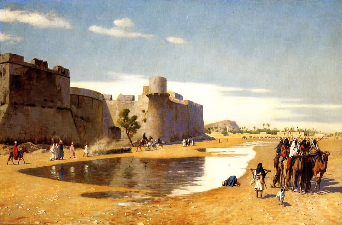 Eine arabische Karawane außerhalb einer befestigten Stadt Ägypten