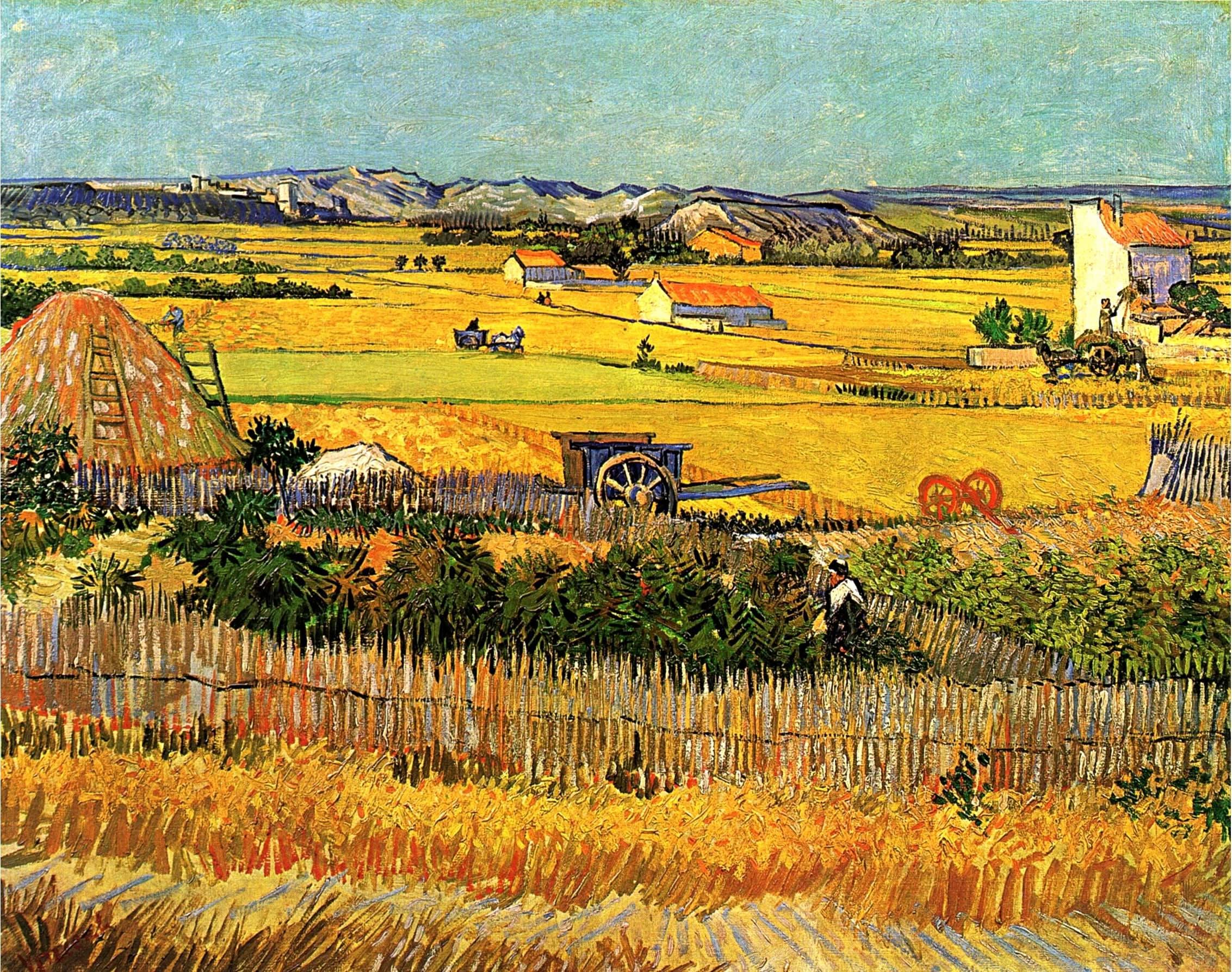 Ernte in La Crau mit Montmaiour im Hintergrund