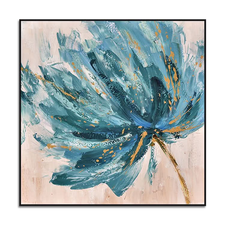 Großes abstraktes Acrylgemälde, beige, Wandkunst, schwarze abstrakte Kunst, blaues Gemälde | Blumen, die von der Brise bewegt werden