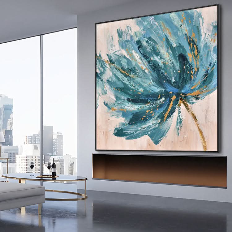 Großes abstraktes Acrylgemälde, beige, Wandkunst, schwarze abstrakte Kunst, blaues Gemälde | Blumen, die von der Brise bewegt werden