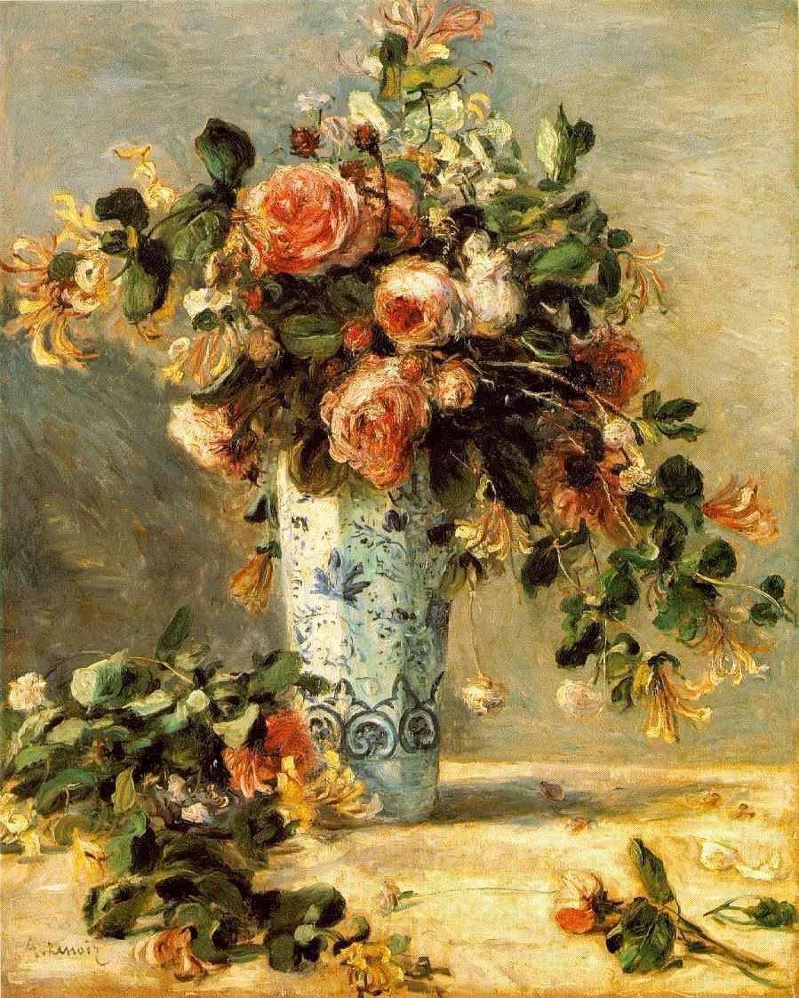 Rosen und Jasmin in einer Delfter Vase