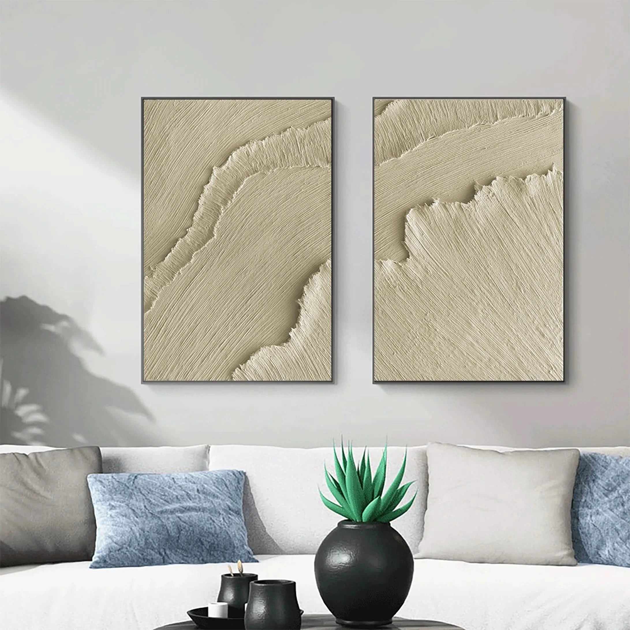 Set of 2 Beige Plaster Art Minimalistic Large Painting Wall Decor