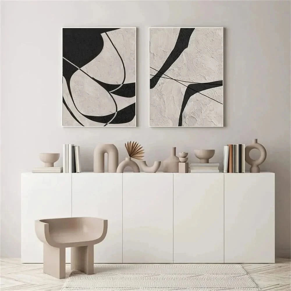 Beige & Black Abstract Textured Painting Set of 2 #WS325