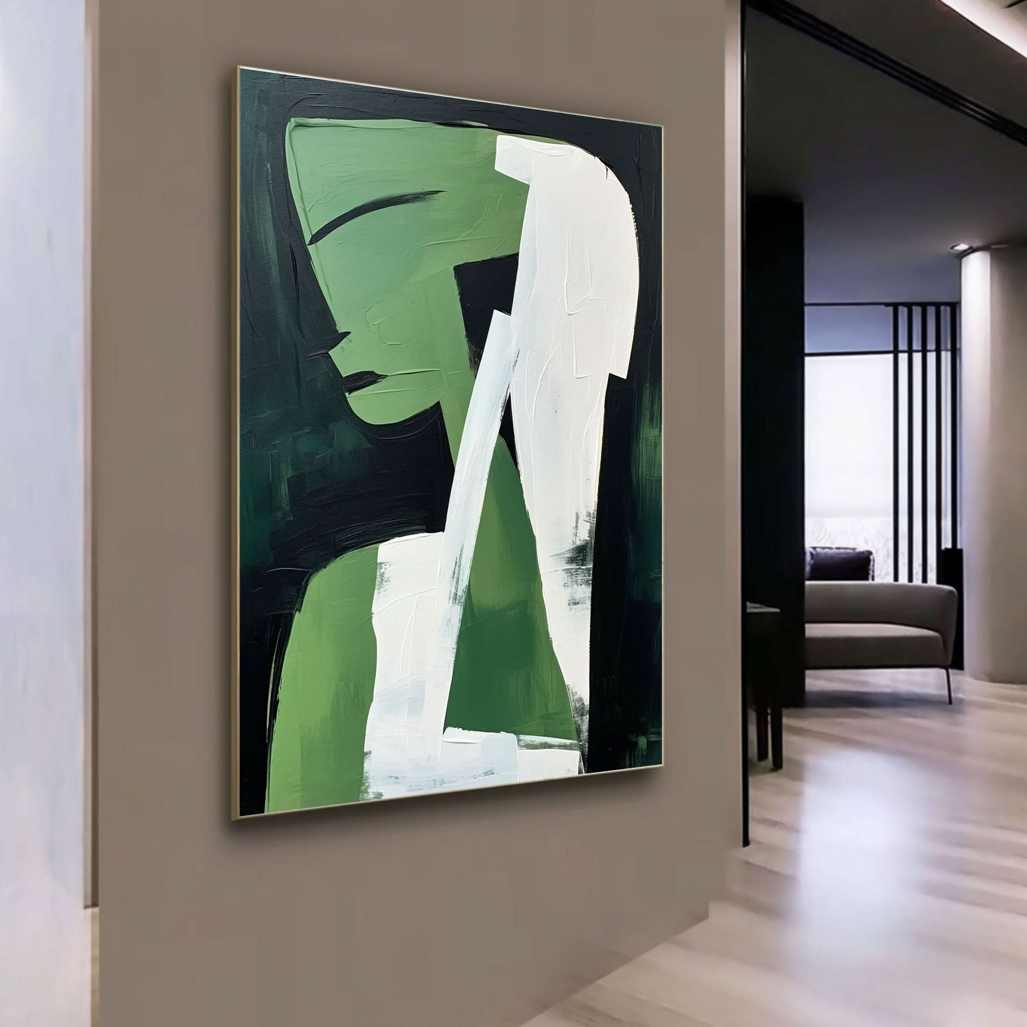 Green and White Girl Oil Painting Green and White Abstract Art on Canvas On Sale Minimalist Wall Art