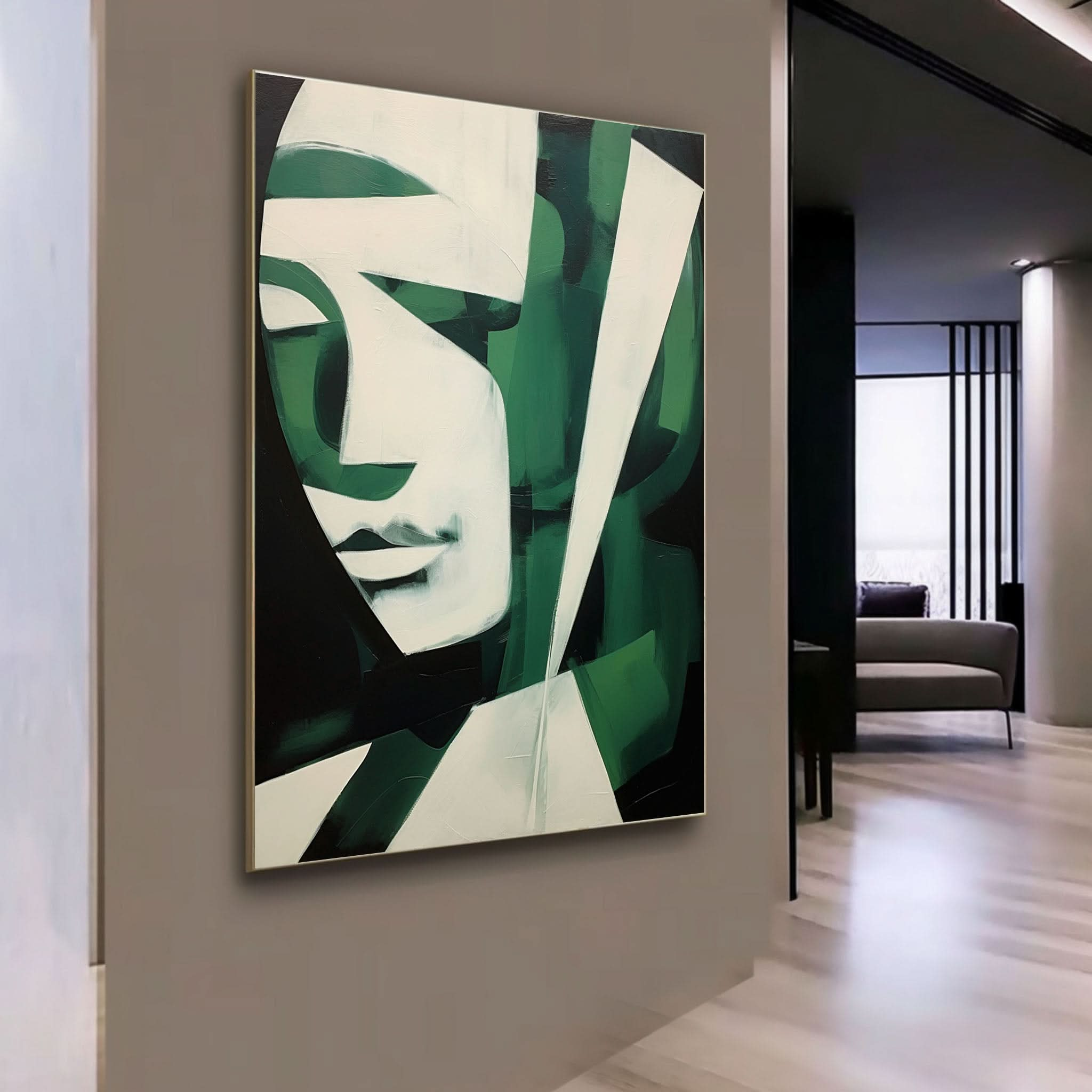 Green And White Abstract Woman Face Oil Painting Abstract Face Art On Canvas Minimalist Wall Art