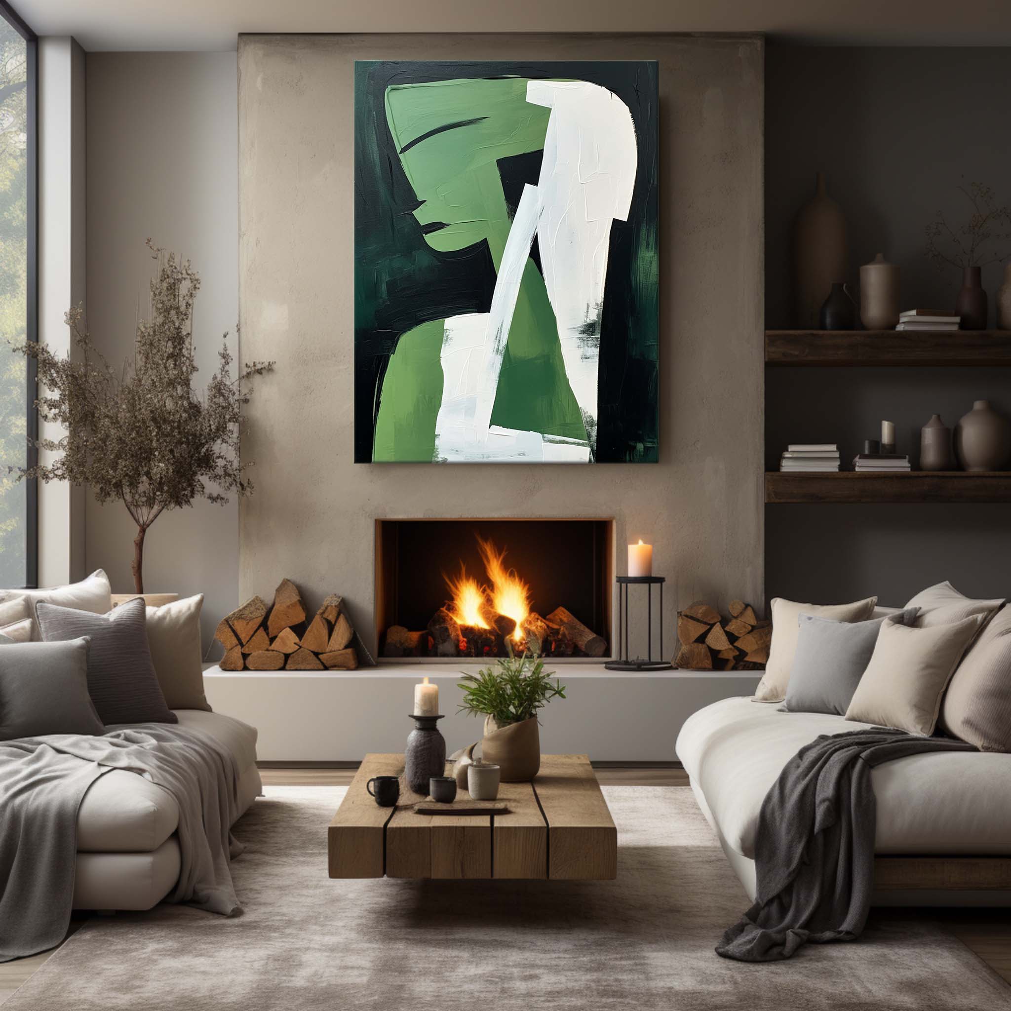 Green and White Girl Oil Painting Green and White Abstract Art on Canvas On Sale Minimalist Wall Art