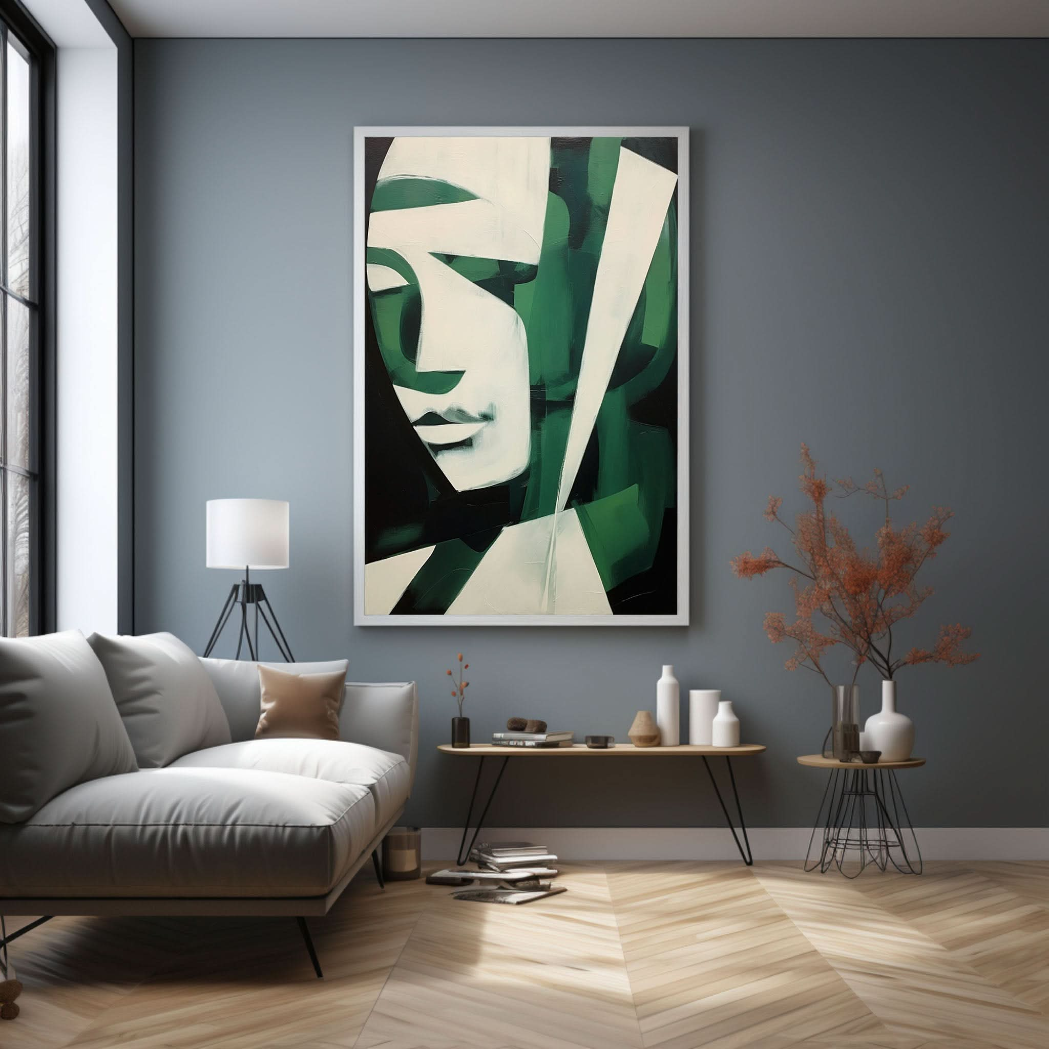 Green And White Abstract Woman Face Oil Painting Abstract Face Art On Canvas Minimalist Wall Art