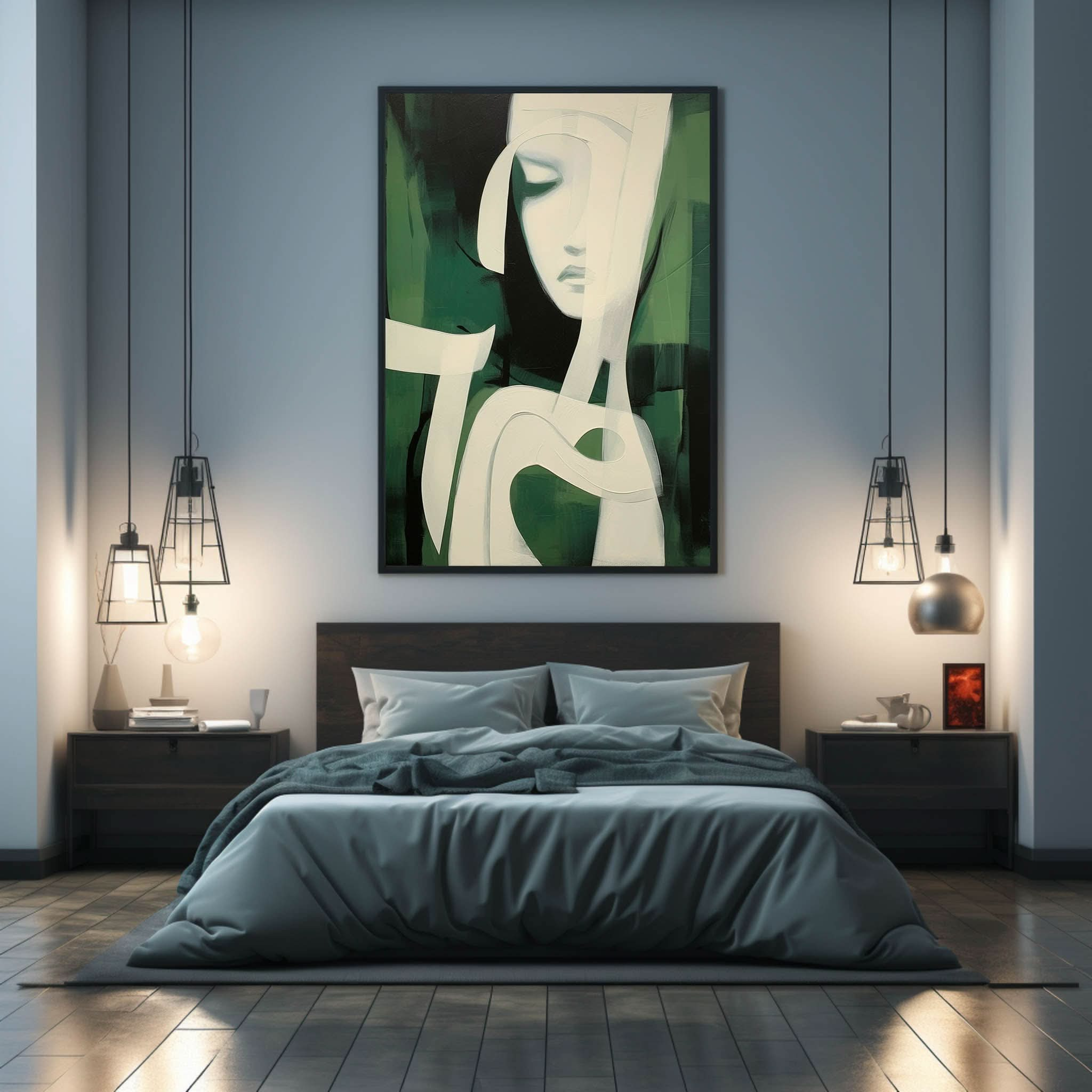 Green and White Abstract Woman Face Oil Painting Green and White Abstract Minimalist Canvas Wall Art