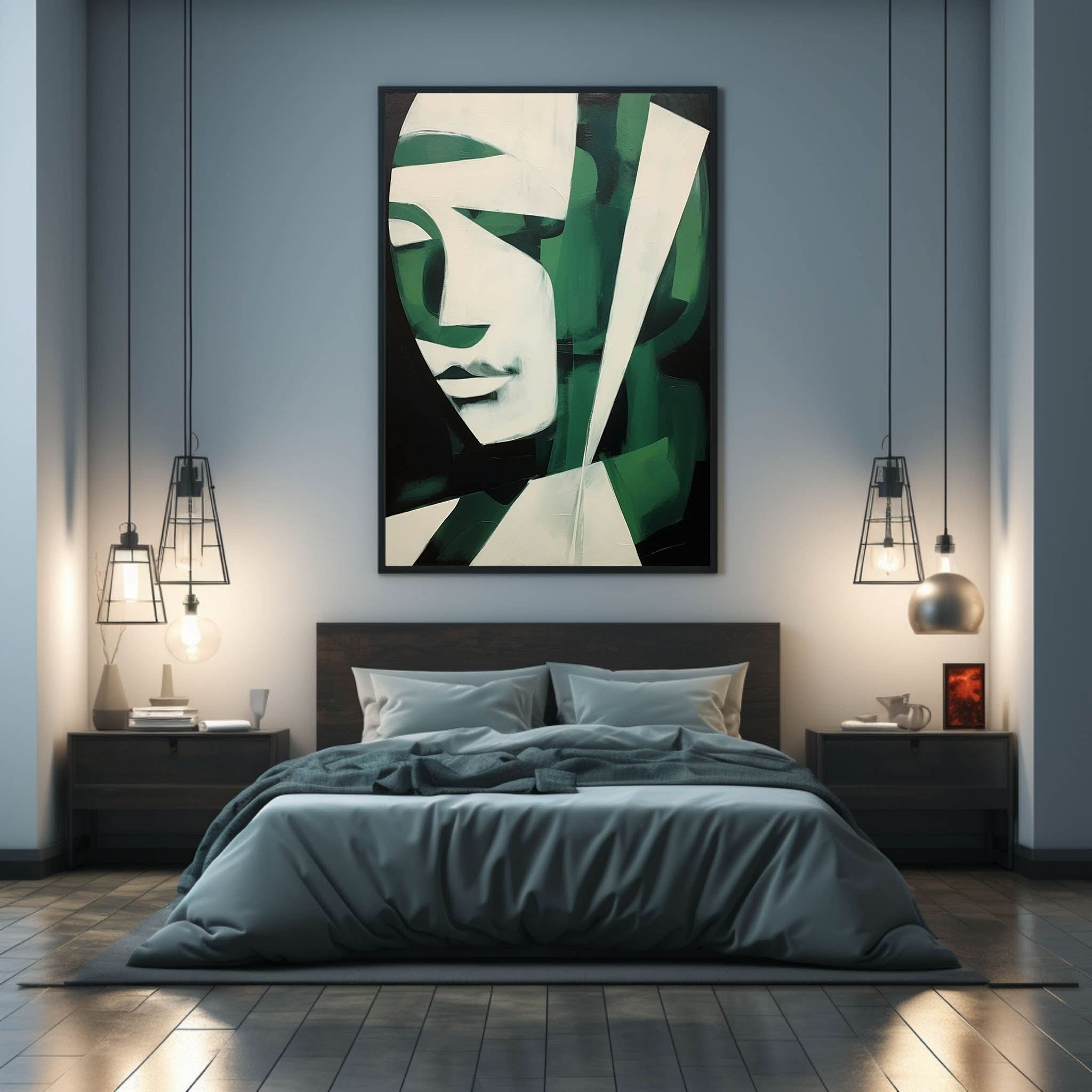 Green And White Abstract Woman Face Oil Painting Abstract Face Art On Canvas Minimalist Wall Art