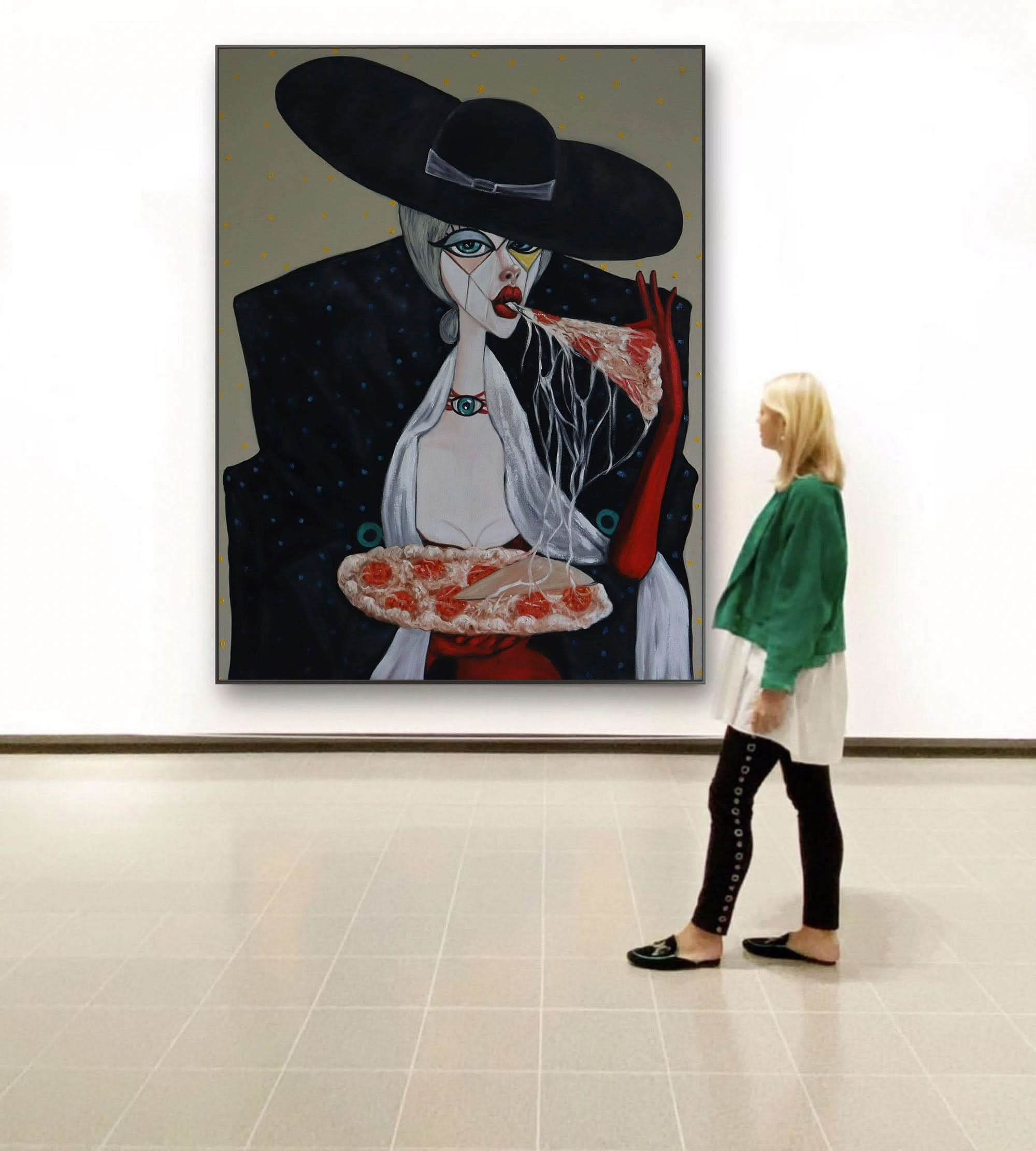 Large Woman Eating Pizza On Canvas Girl Eating Pizza Oil Painting Pop Art Portrait Lady Eating Pizza