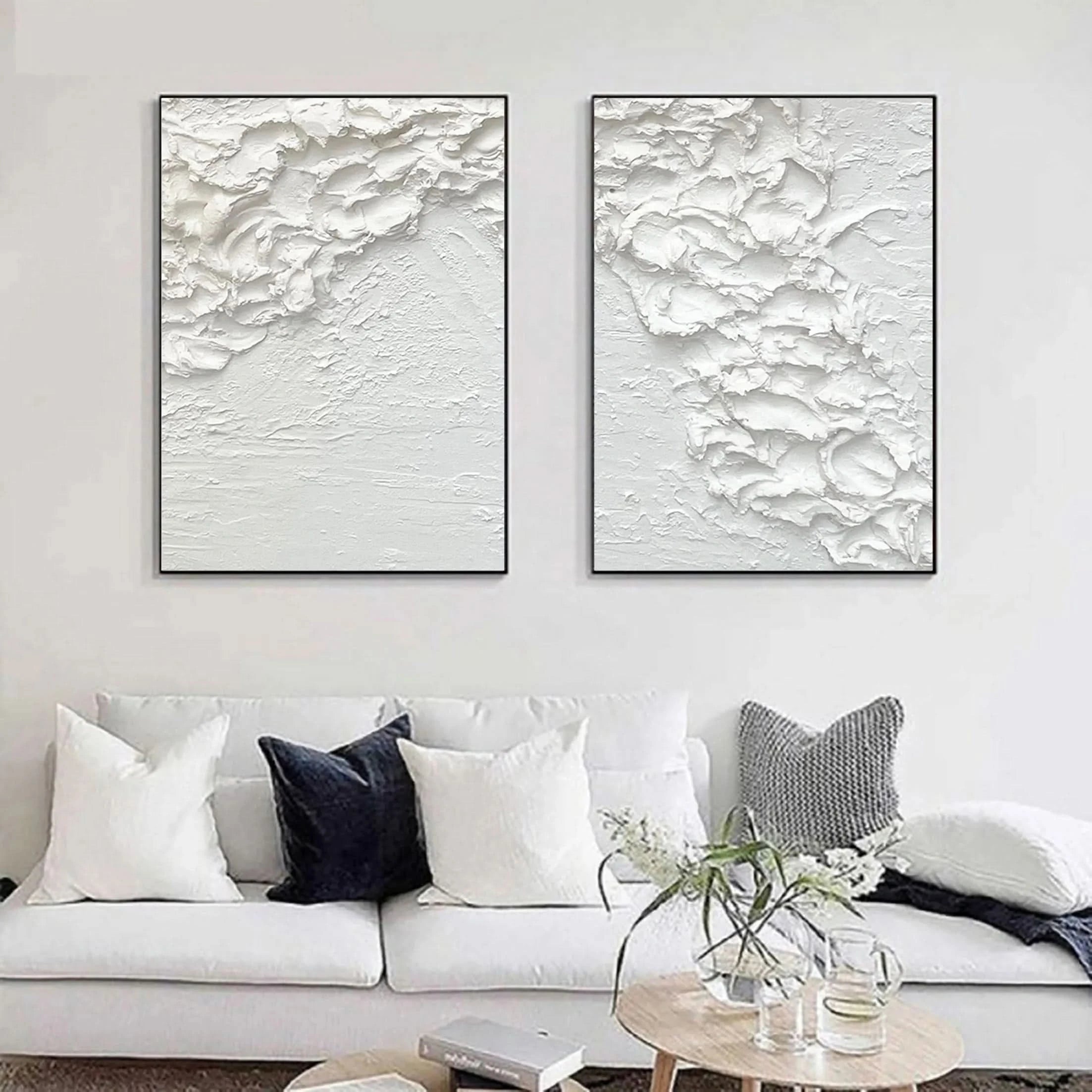 White Ocean Waves Textured Plaster Art, Large Minimalist Painting On Canvas, Modern Wall Decor