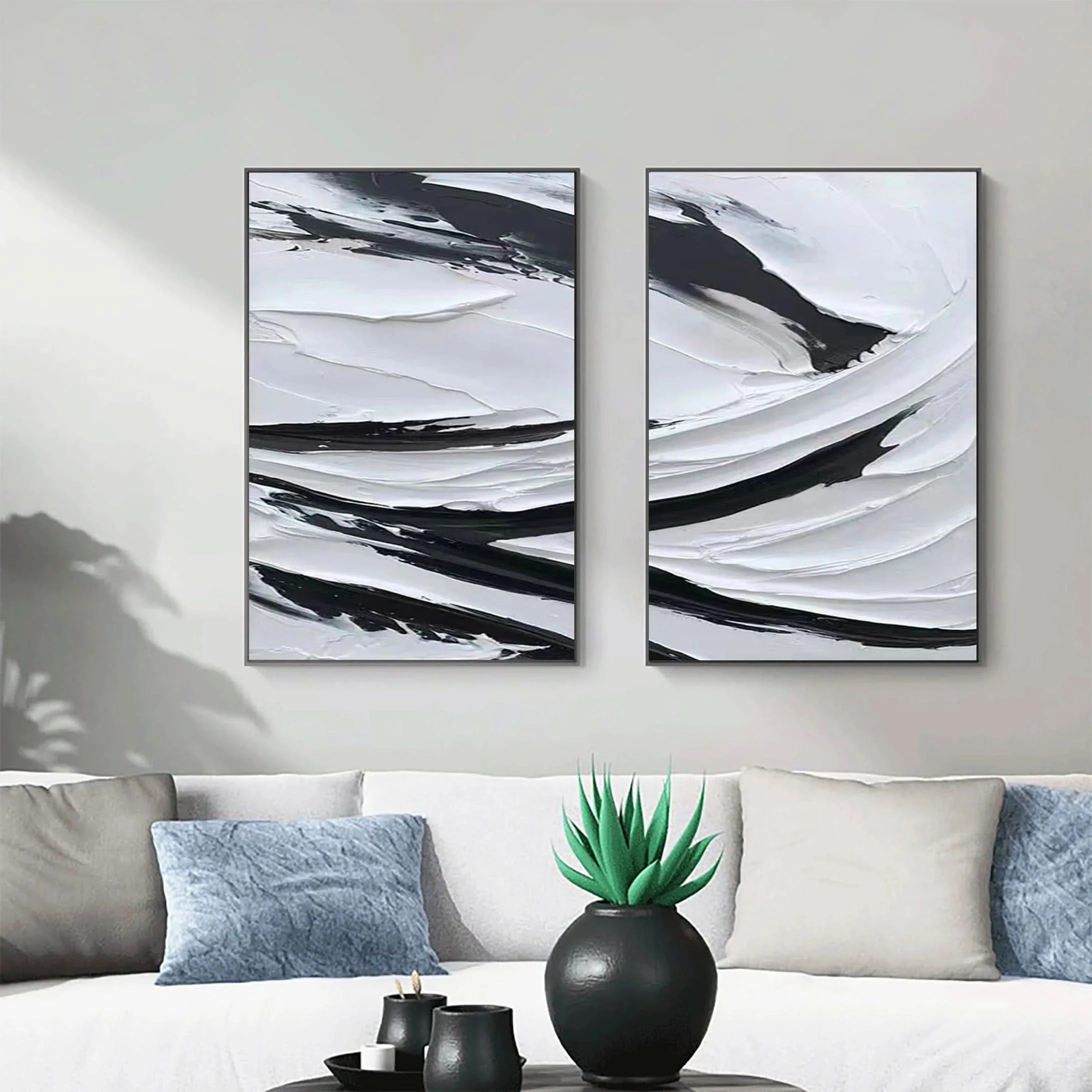 Set of 2 Plaster Art Painting Black and White Minimalistic Room Decor