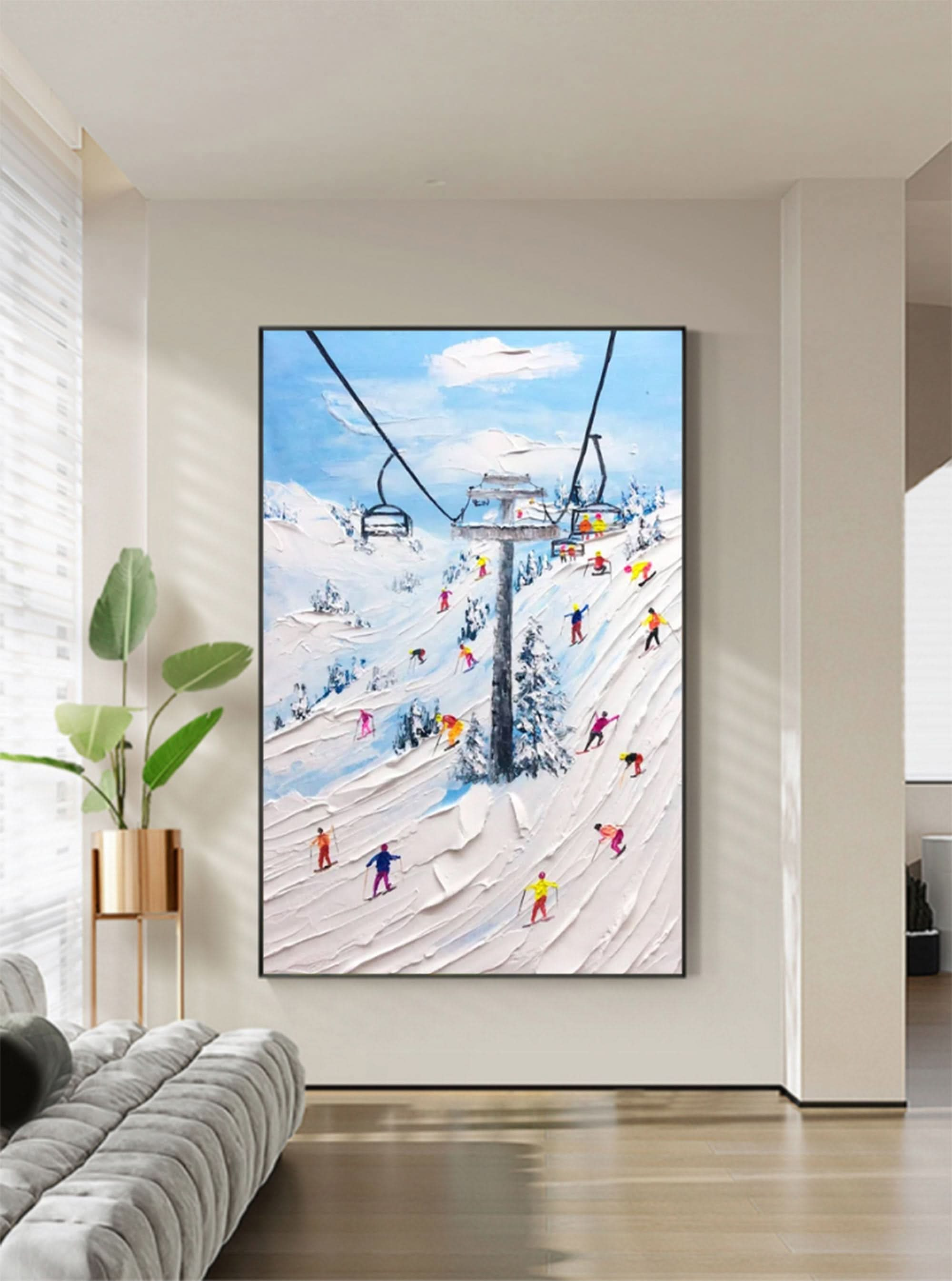 Skier Painting Snow Mountain Skiing 3D Landscape Painting Snow Landscape Painting 3D Plaster Art