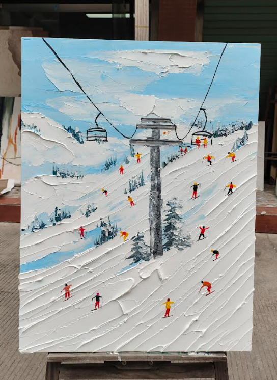 Skier Painting Snow Mountain Skiing 3D Landscape Painting Snow Landscape Painting 3D Plaster Art