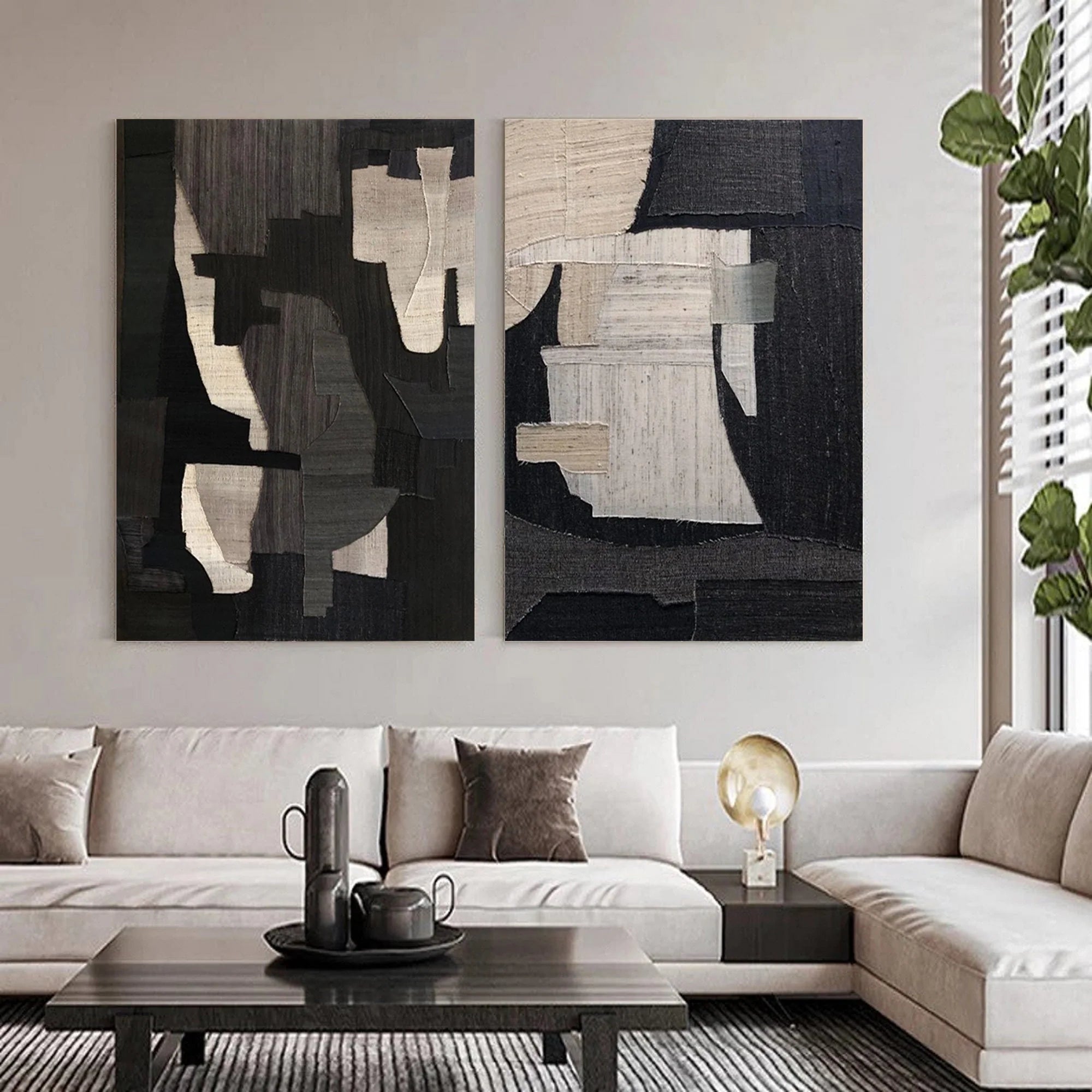 Geometric Wabi Sabi Abstract Painting Set of 2 for Room Decor