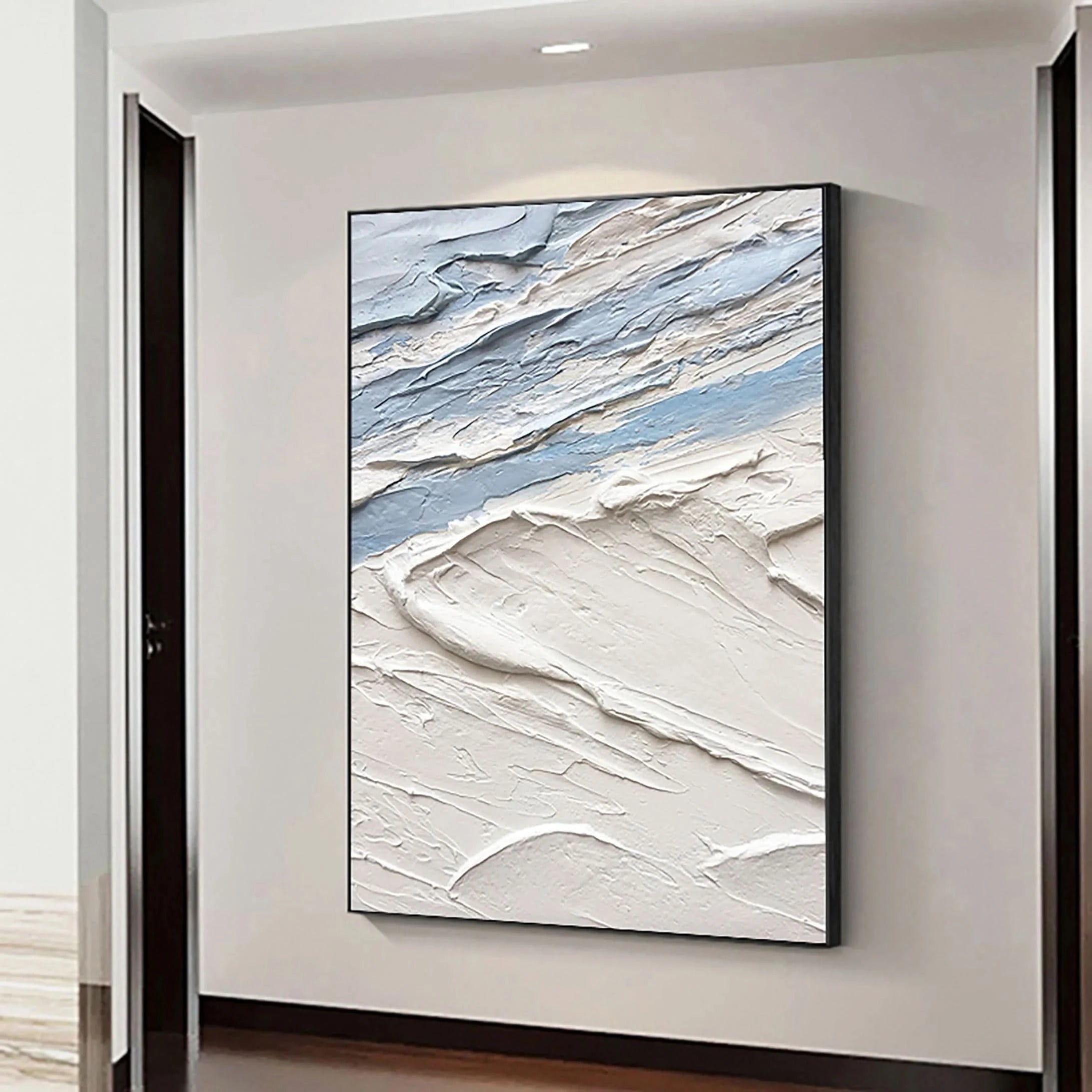 Blue White Textured Sea Slaps Plaster Art Minimalist Painting Wall Decor