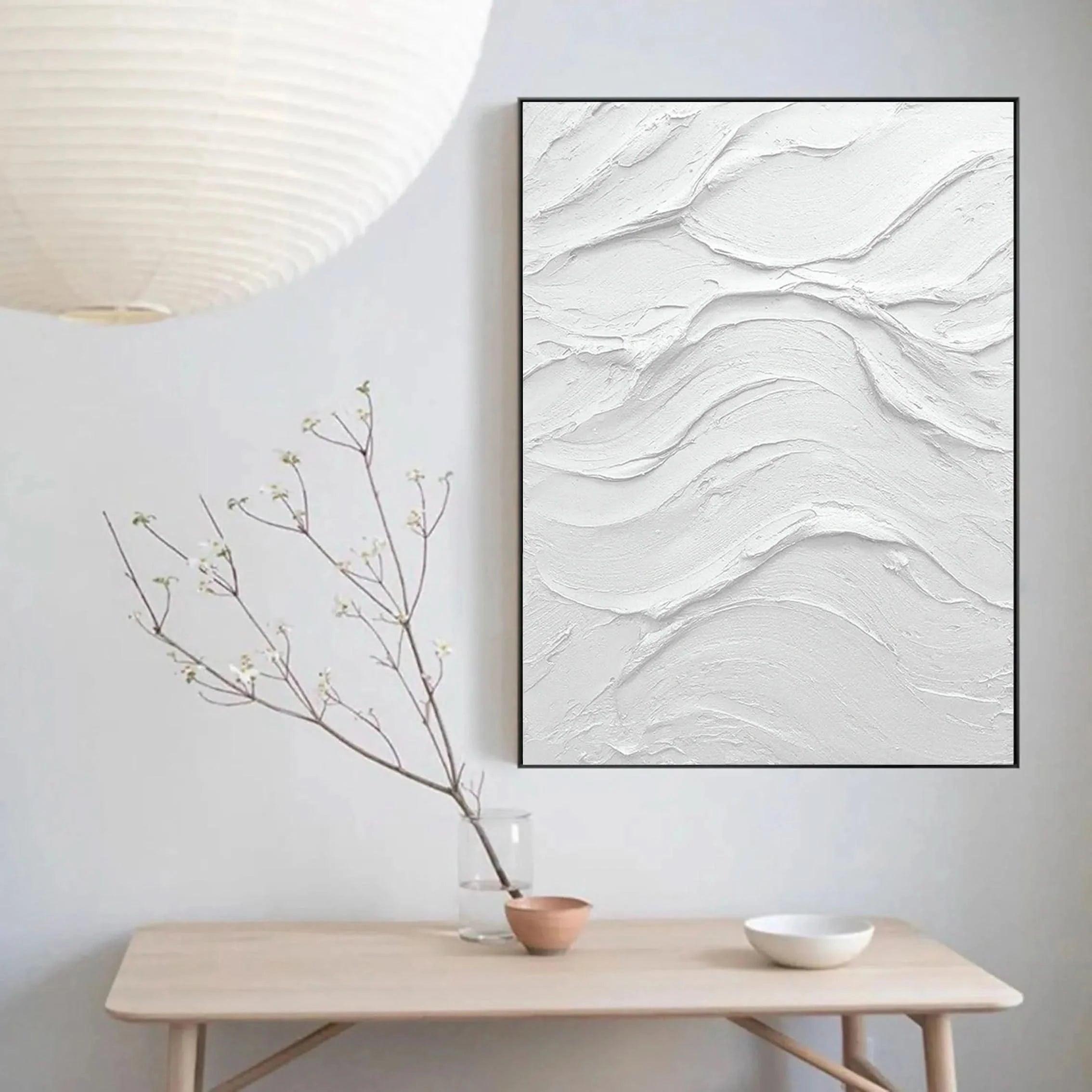 White Minimalist Plaster Painting Large 3D Textured Abstract Wall Art Framed Canvas