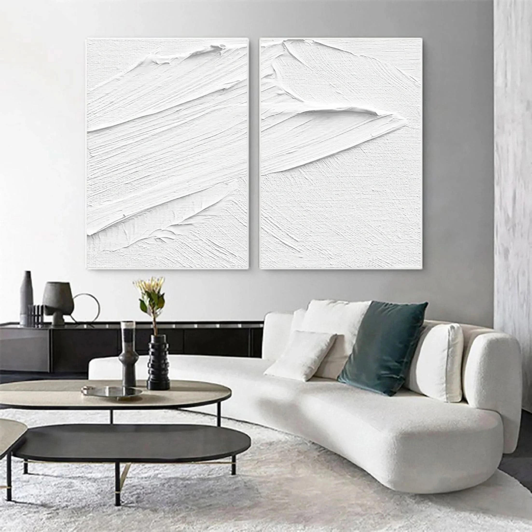 Set of 2 Plaster Art 3D Textured White Painting Original by Artist