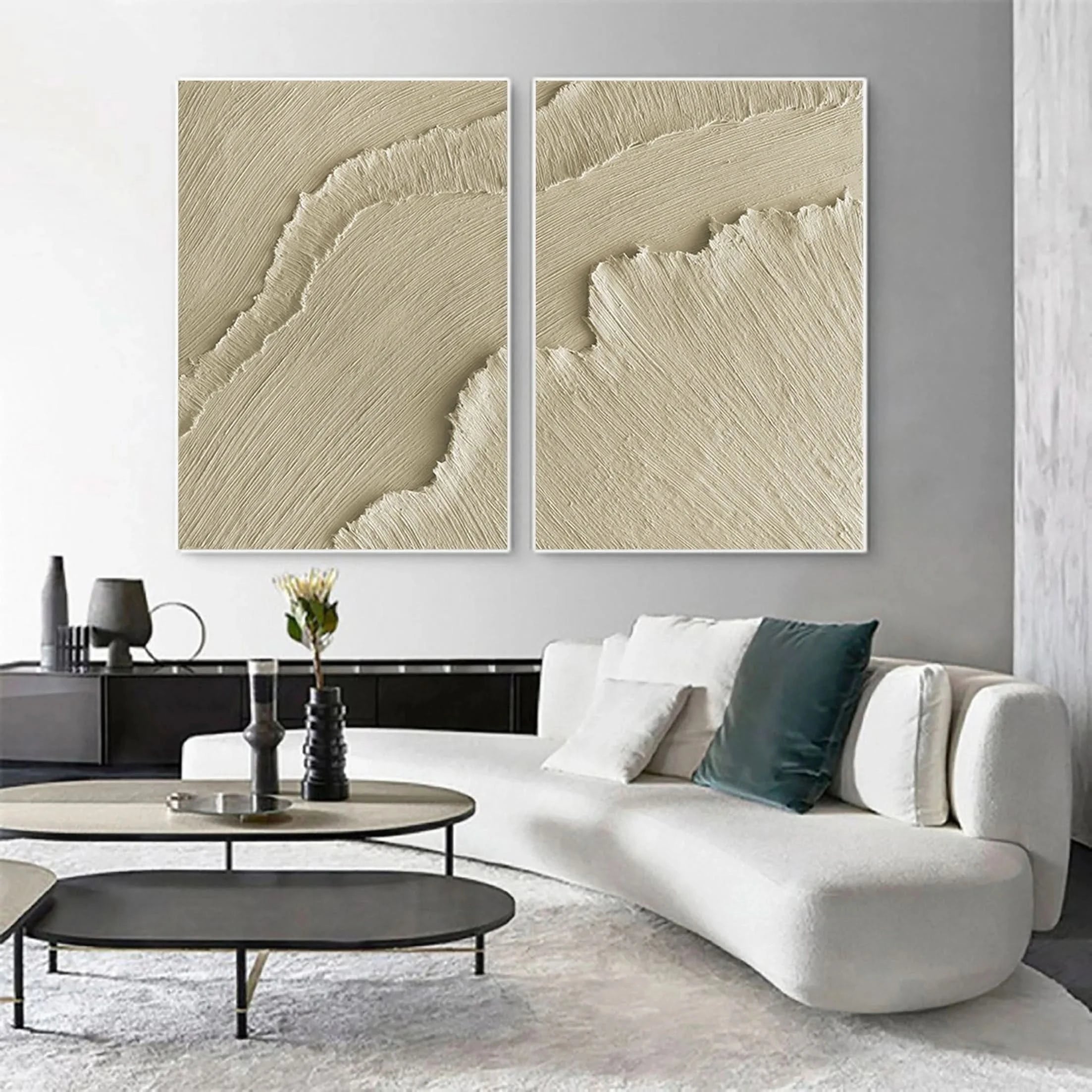 Set of 2 Beige Plaster Art Minimalistic Large Painting Wall Decor