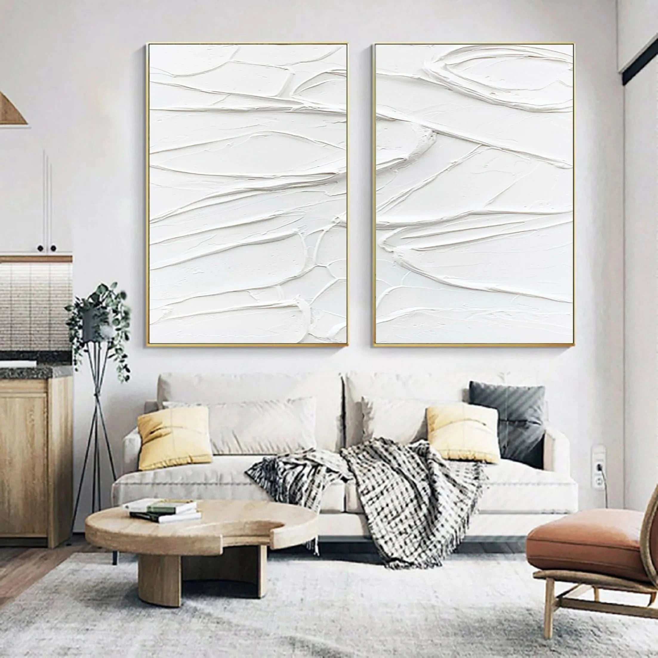 Set of 2 White Textured Plaster Art Canvas, Large Abstract Painting for Room Decor