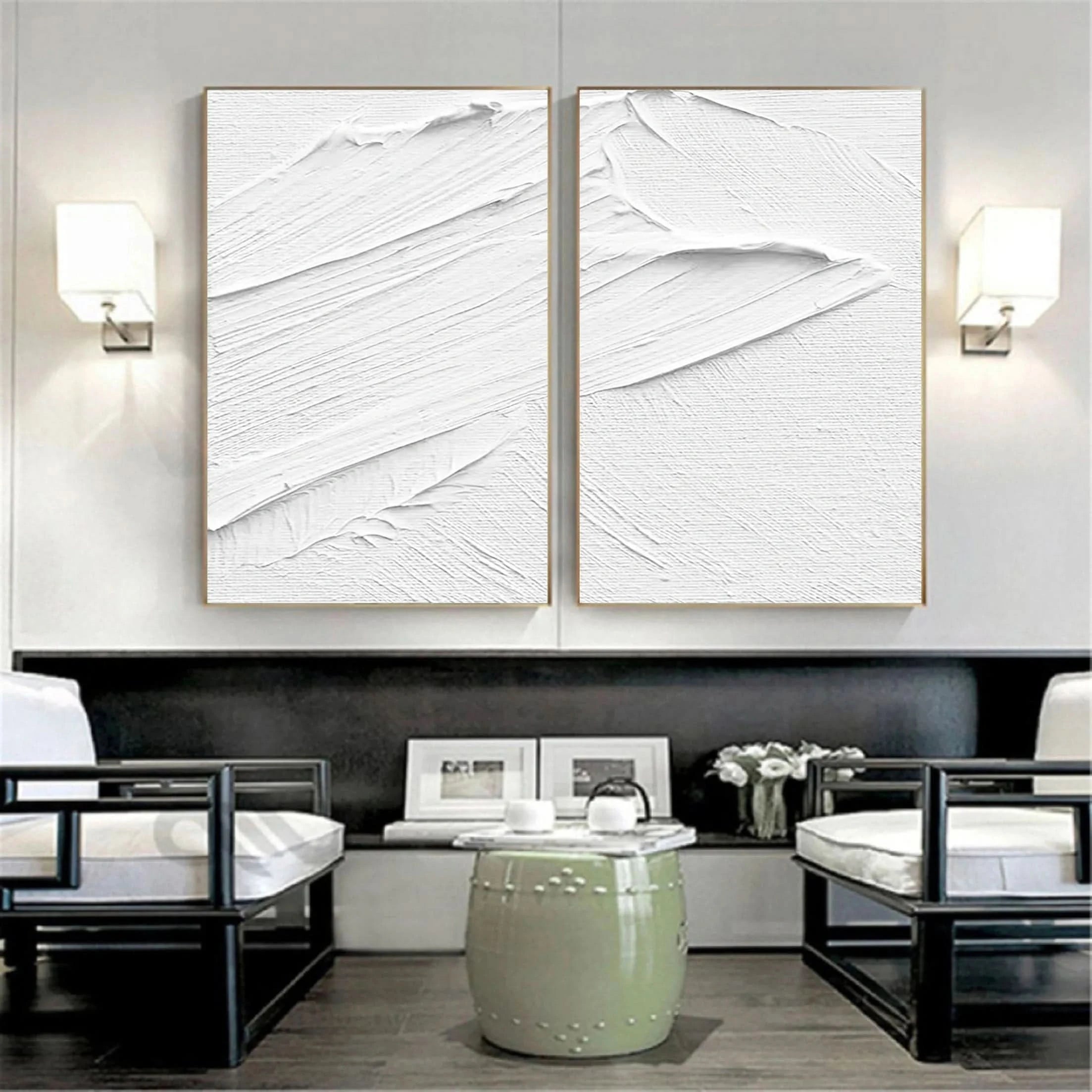 Set of 2 Plaster Art 3D Textured White Painting Original by Artist