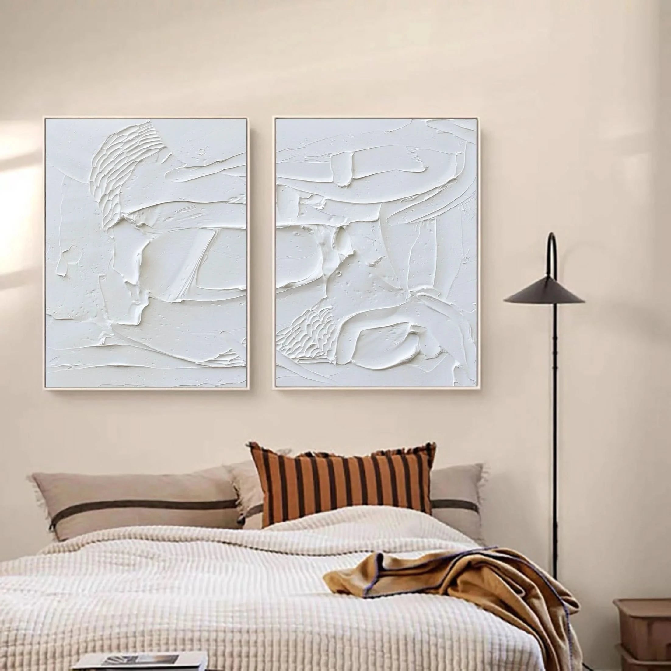 White Textured Plaster Set of 2 Large Painting for Room Decor