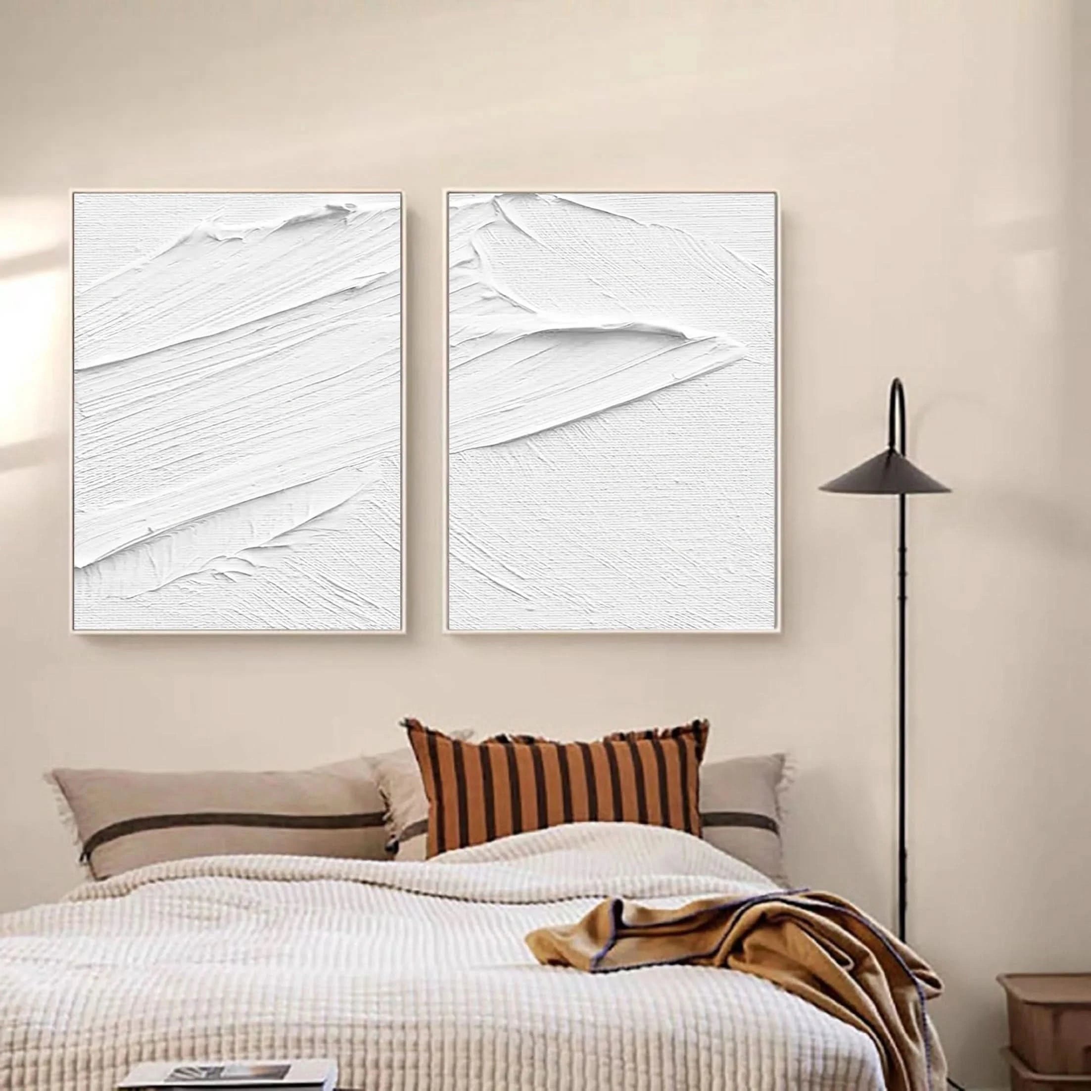 Set of 2 Plaster Art 3D Textured White Painting Original by Artist