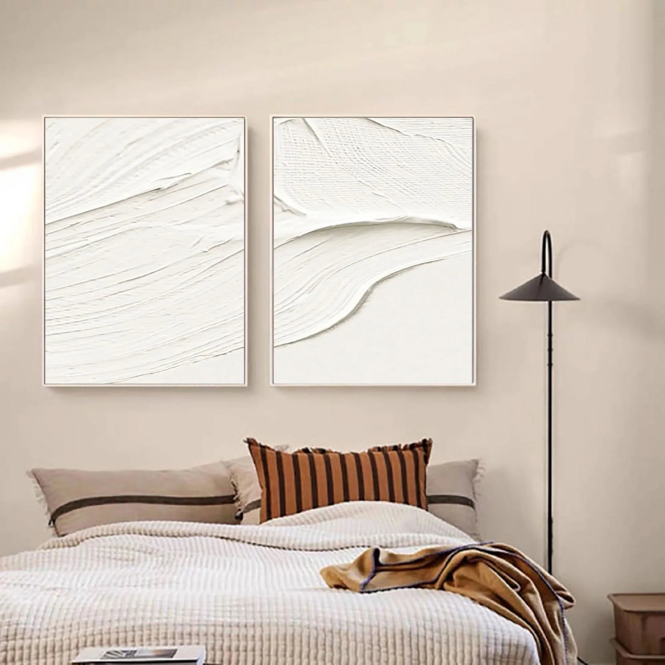 Set of 2 Plaster Art 3D Textured White Painting Original by Artist