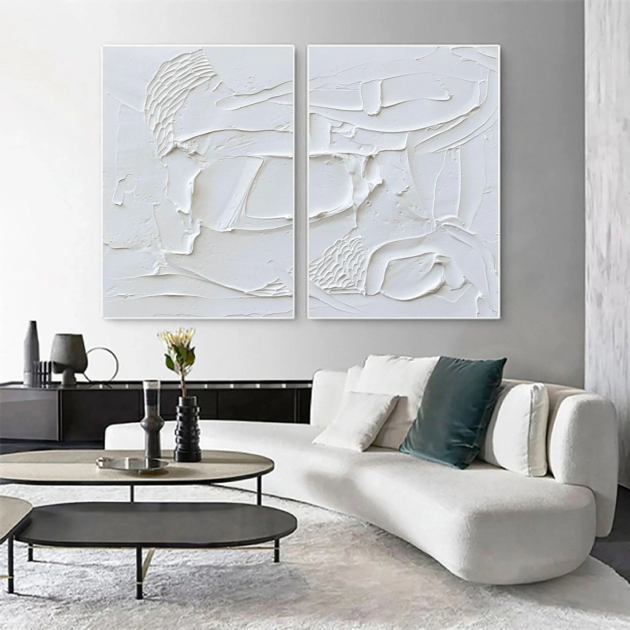 White Textured Plaster Set of 2 Large Painting for Room Decor