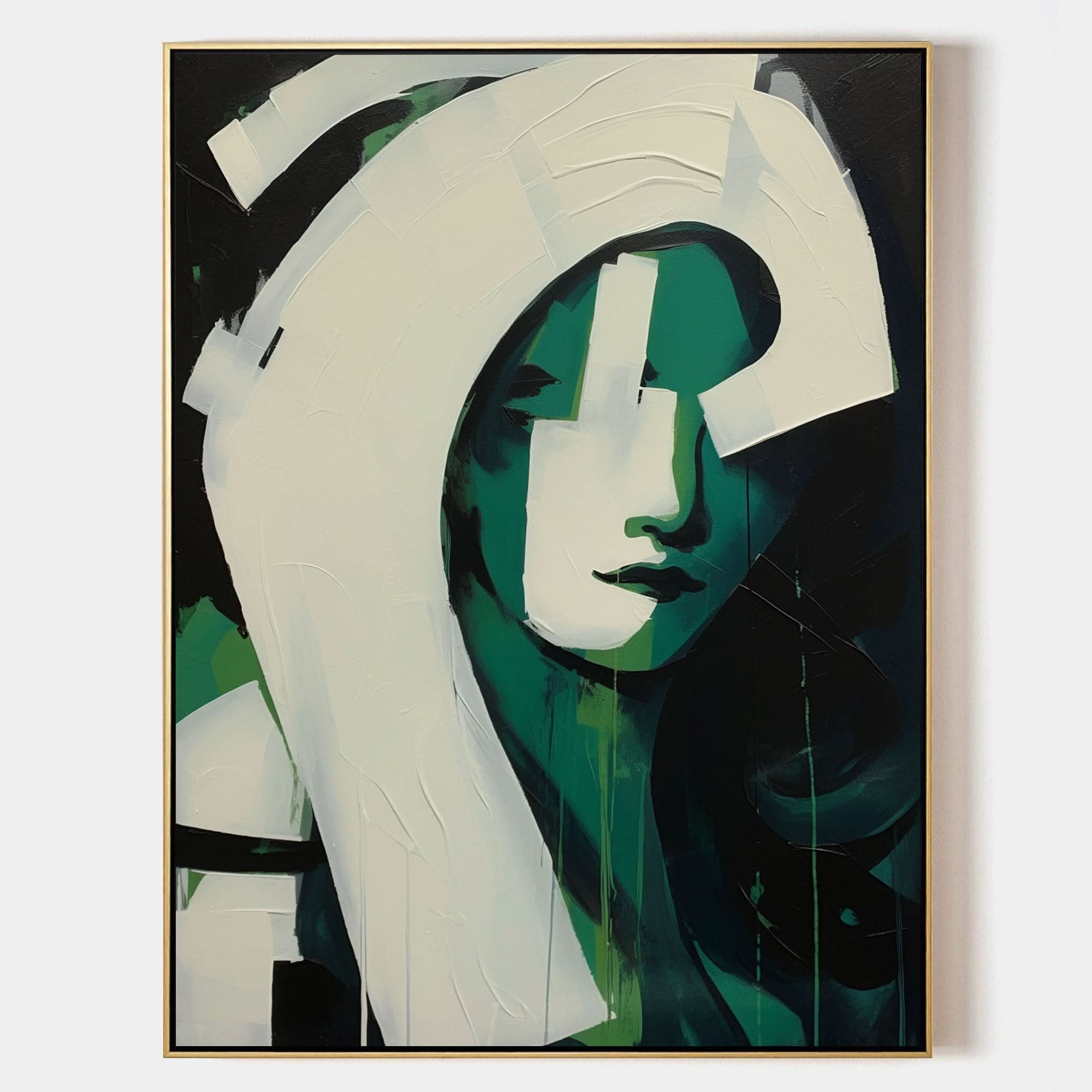 Green Abstract Nameless Woman Oil Painting Green Abstract Girl Canvas Art Green Texture Painting