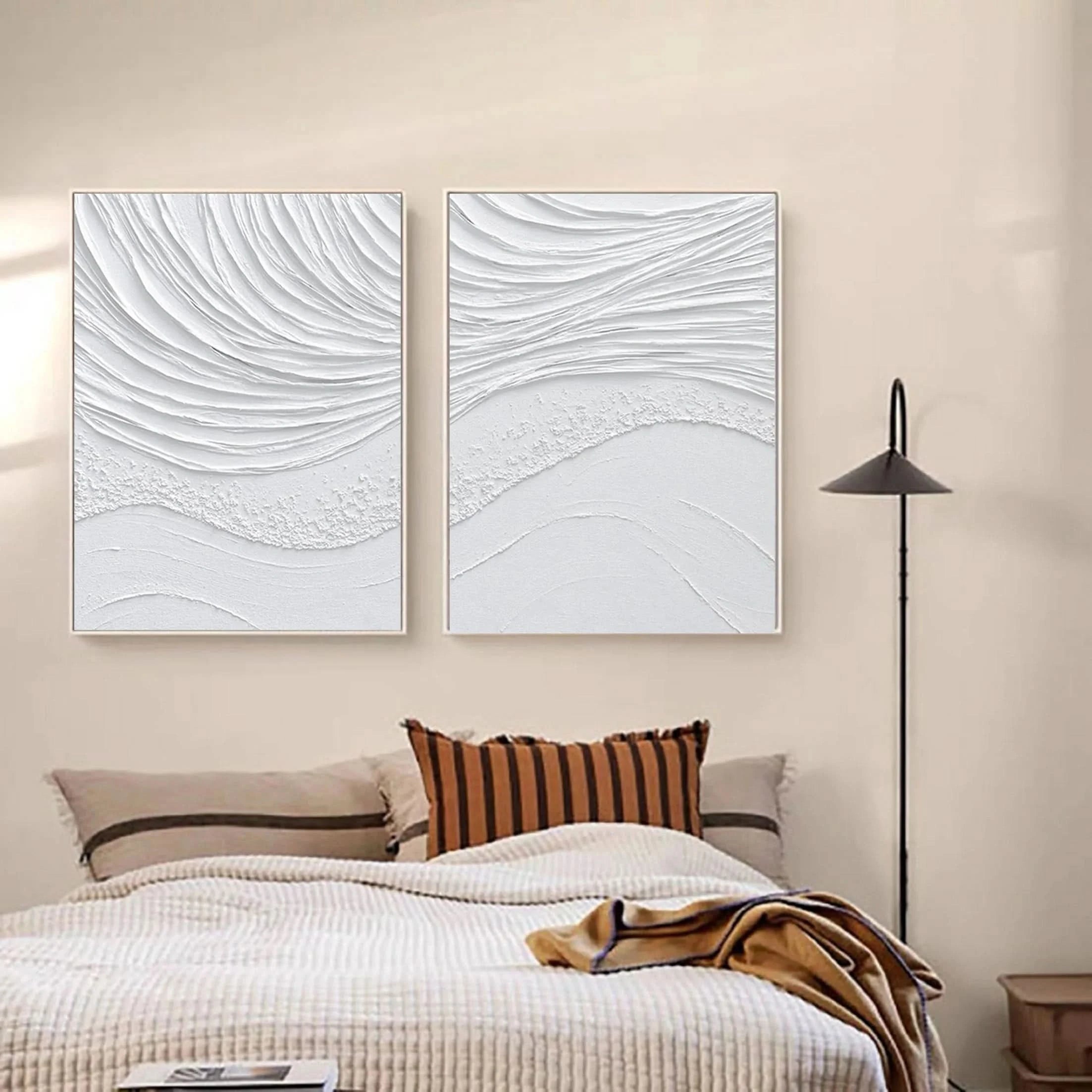 White Sea Waves Textured Plaster Art Painting On Canvas, Modern Minimalist Wall Art