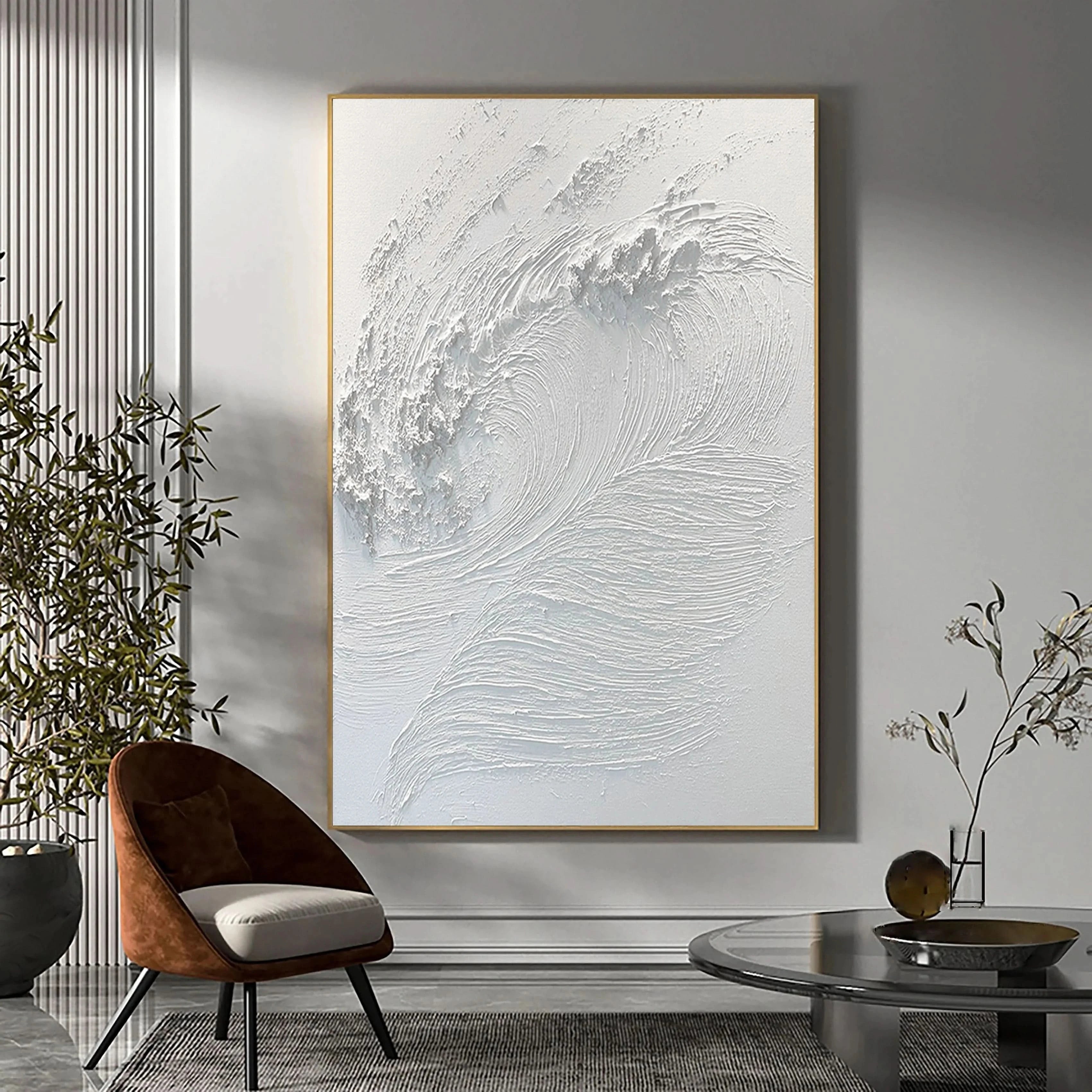 White 3D Textured Plaster Wall Art Surf Art Abstract Handcrafted Painting Minimalist Home Decor