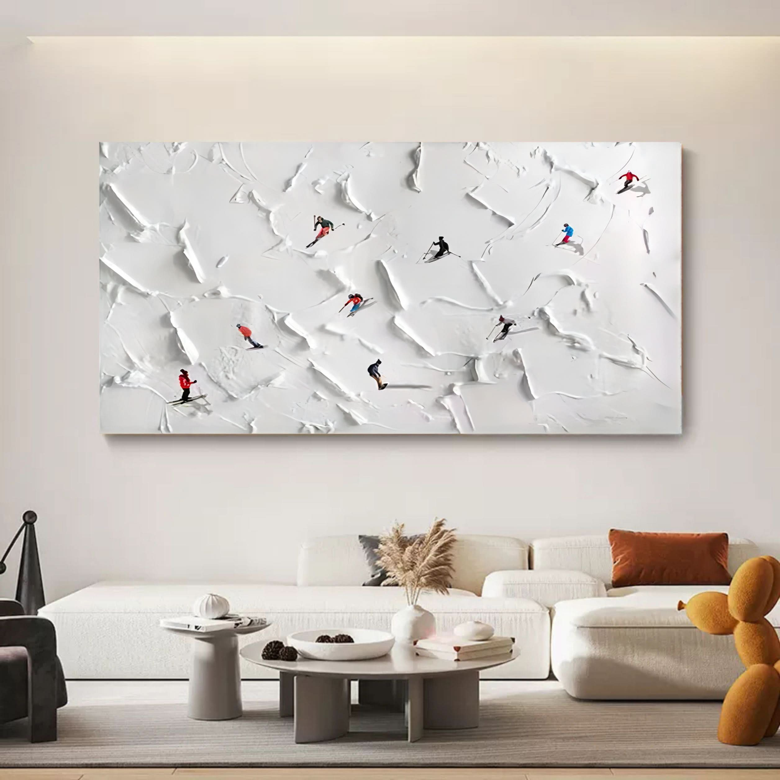 Plaster Wall Art Original Ski Sport Painting on Canvas Custom Painting Texture Wall Art Skier on Snowy Mountain Art White Snow Skiing Art