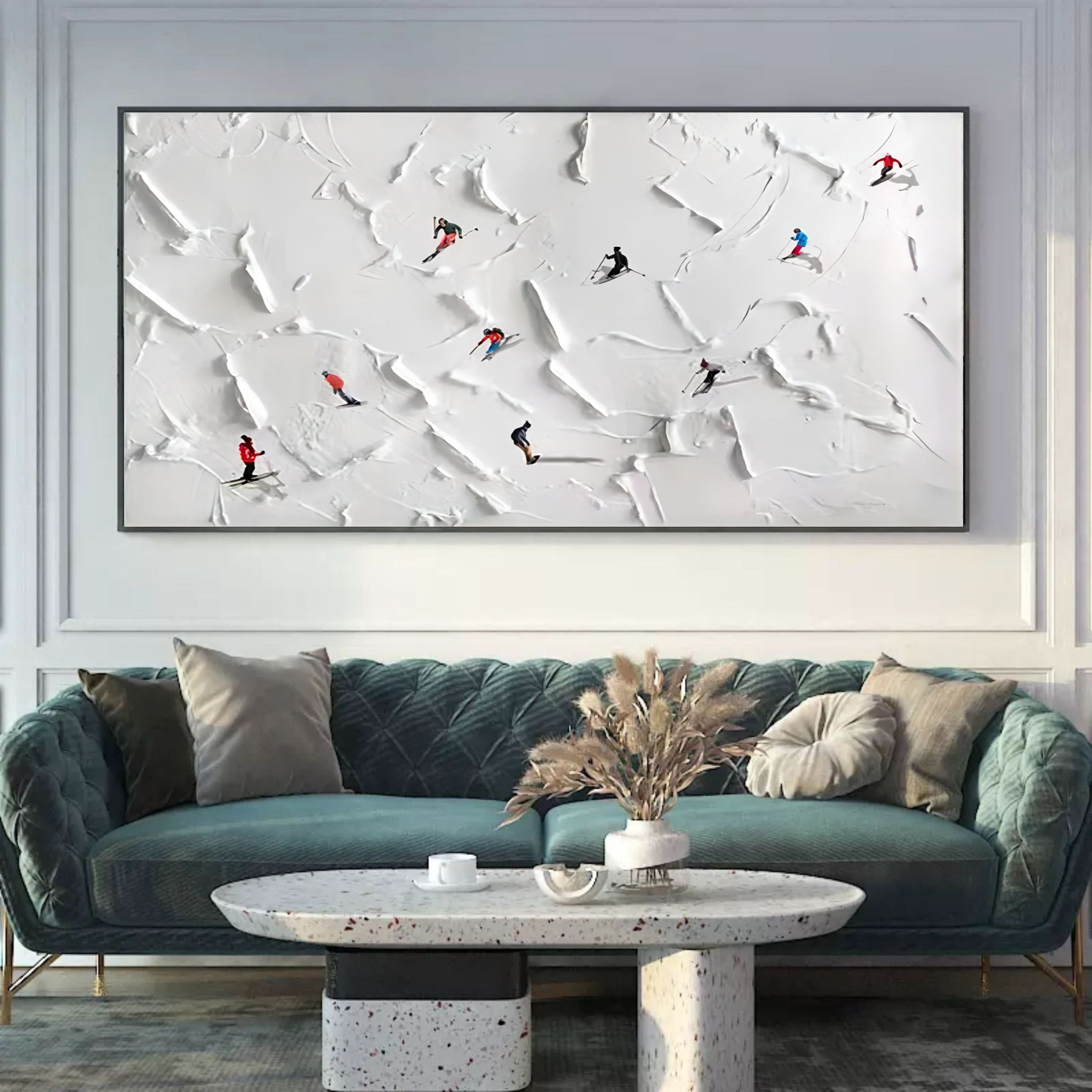 Plaster Wall Art Original Ski Sport Painting on Canvas Custom Painting Texture Wall Art Skier on Snowy Mountain Art White Snow Skiing Art