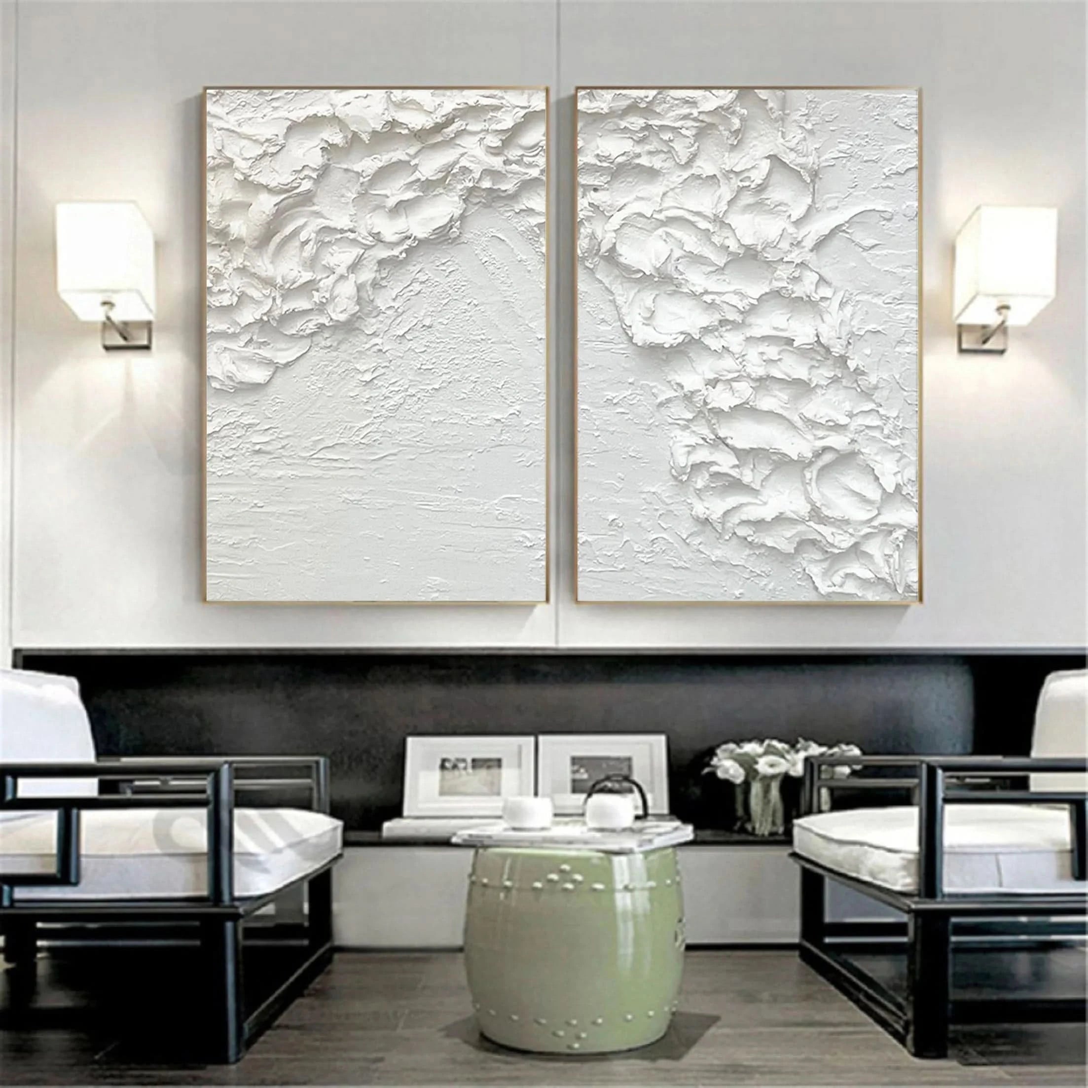 White Ocean Waves Textured Plaster Art, Large Minimalist Painting On Canvas, Modern Wall Decor