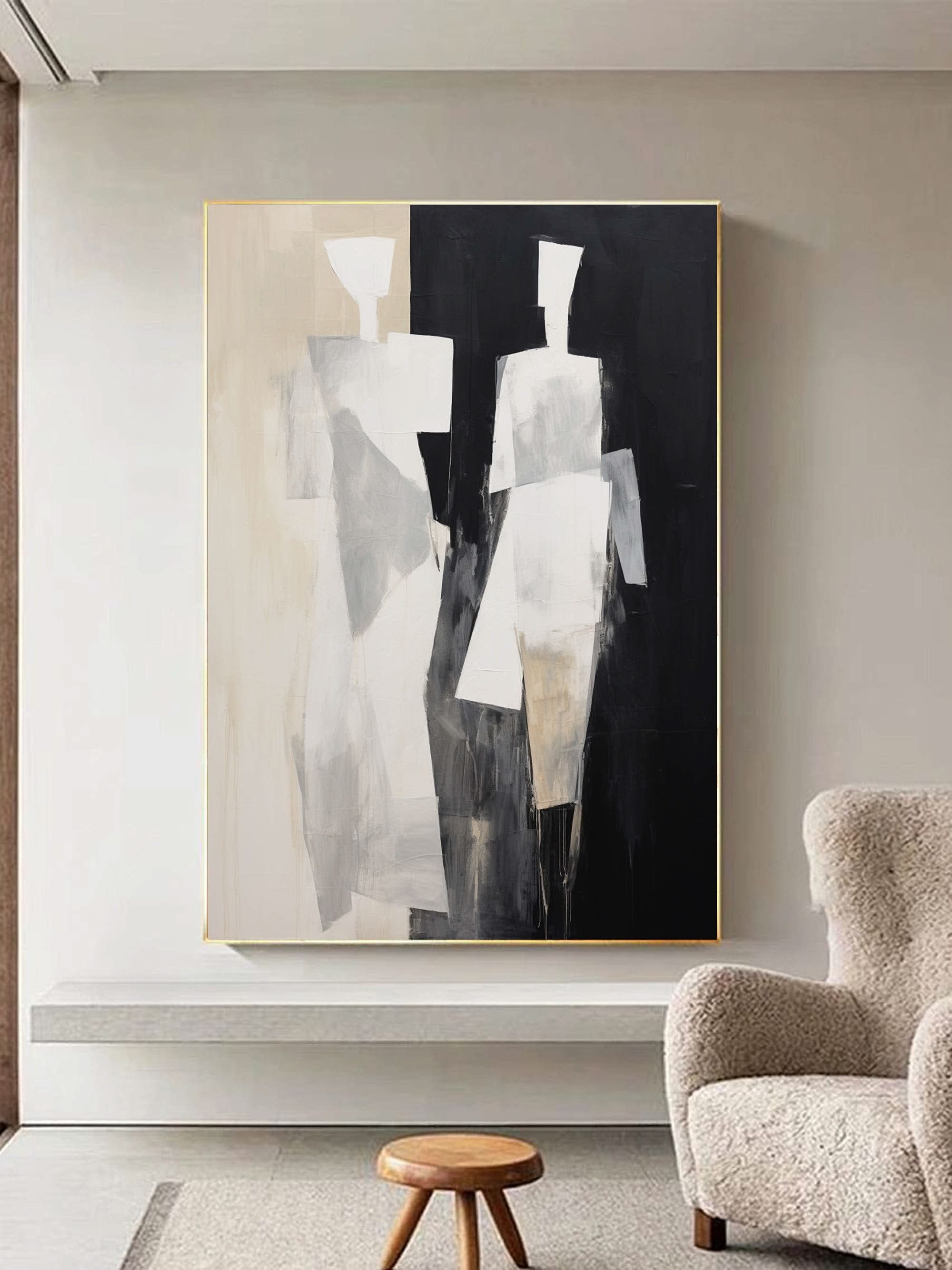 Black And Beige 2 People Minimalist Canvas Painting Black And Beige Minimalist Wall Art Contemporary Abstract Art Abstract People Art Canvas