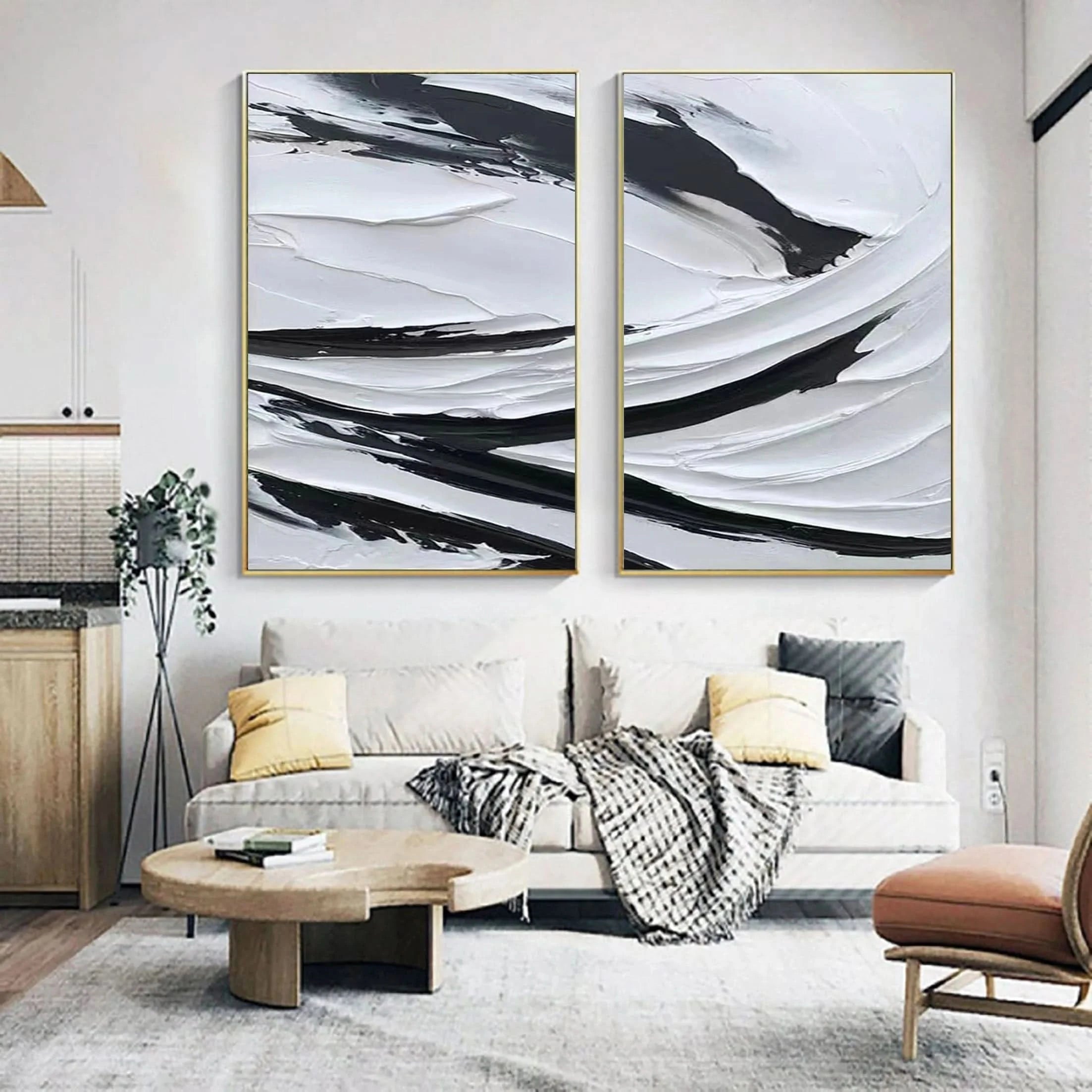 Set of 2 Plaster Art Painting Black and White Minimalistic Room Decor